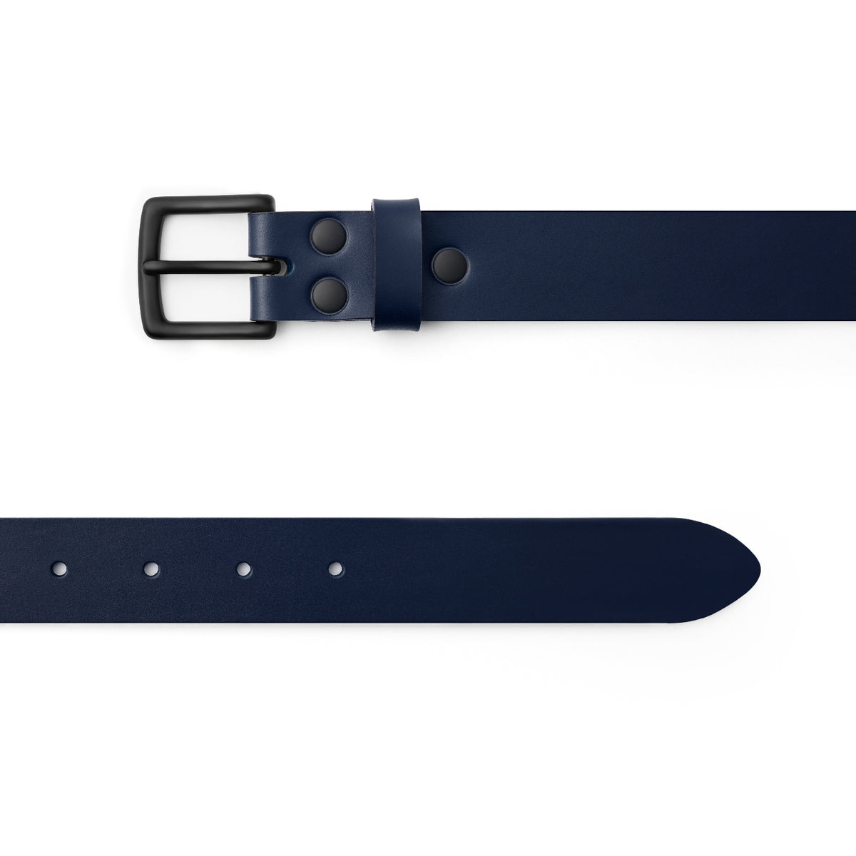 Navy full-grain leather belt, black buckle, top-down view — CarveOn, made in Ireland#Color_Navy
