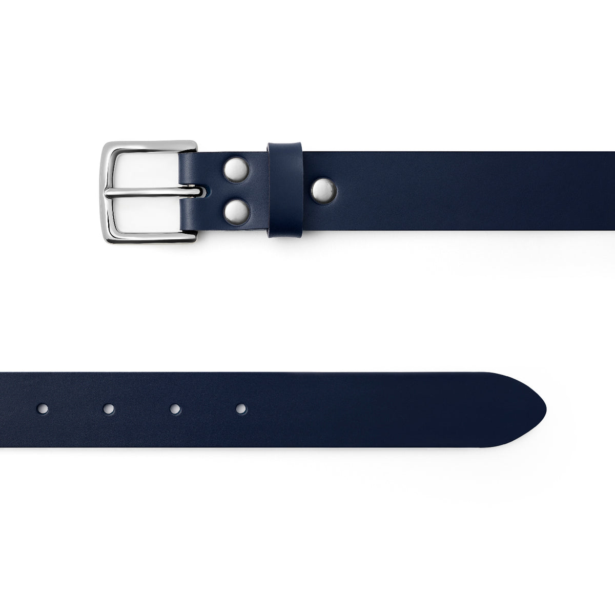 Navy full-grain leather belt, silver buckle, top-down view — CarveOn, made in Ireland#Color_Navy