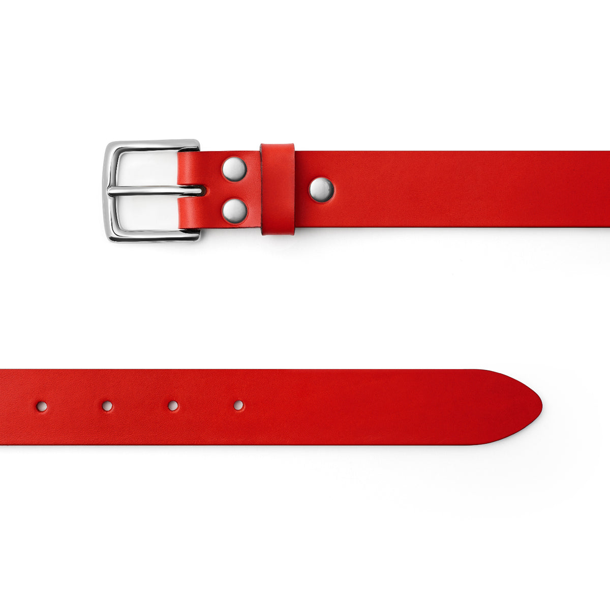 Red full-grain leather belt, silver buckle, top-down view — CarveOn, made in Ireland#Color_Red