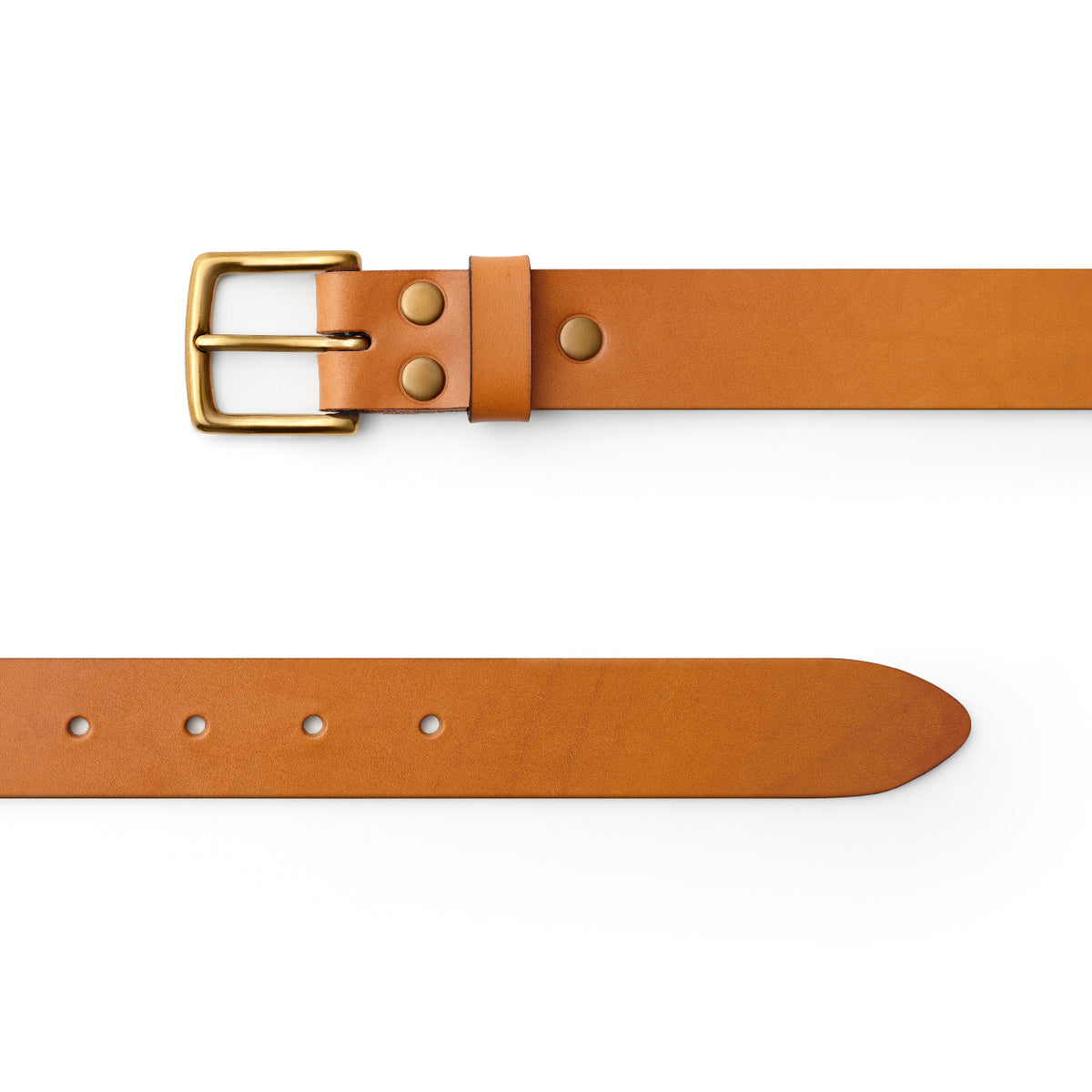 Tan full-grain leather belt, brass buckle, top-down view — CarveOn, made in Ireland#Color_Tan