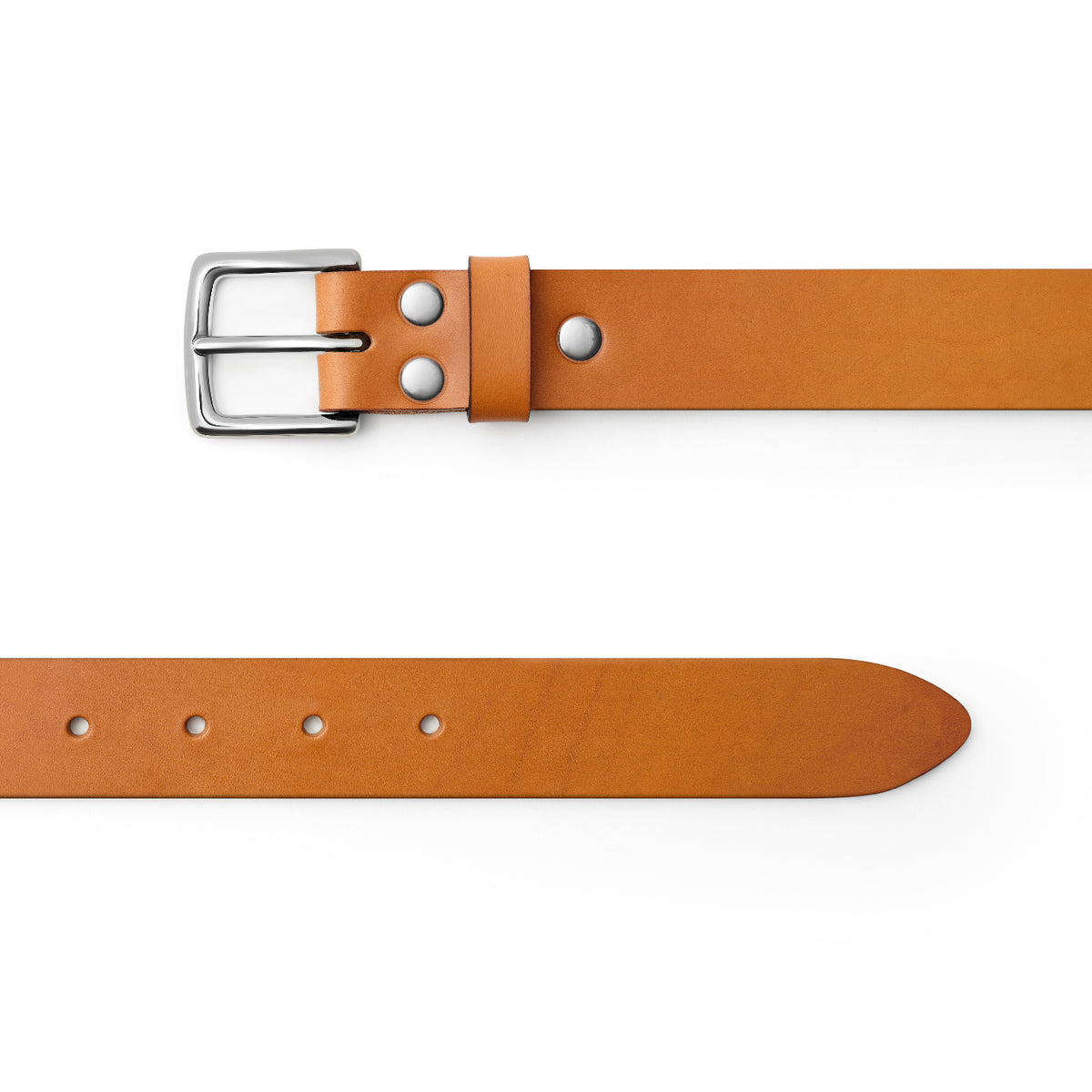 Tan full-grain leather belt, silver buckle, top-down view — CarveOn, made in Ireland#Color_Tan