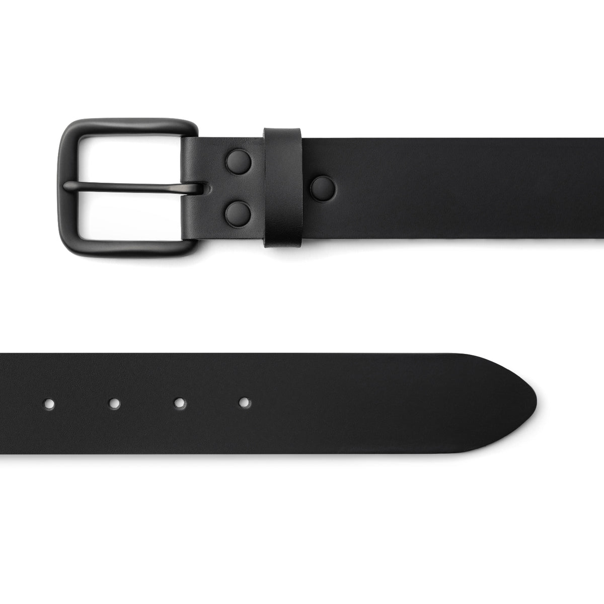 Black full-grain leather belt, black buckle, top-down view — CarveOn, made in Ireland#Color_Black