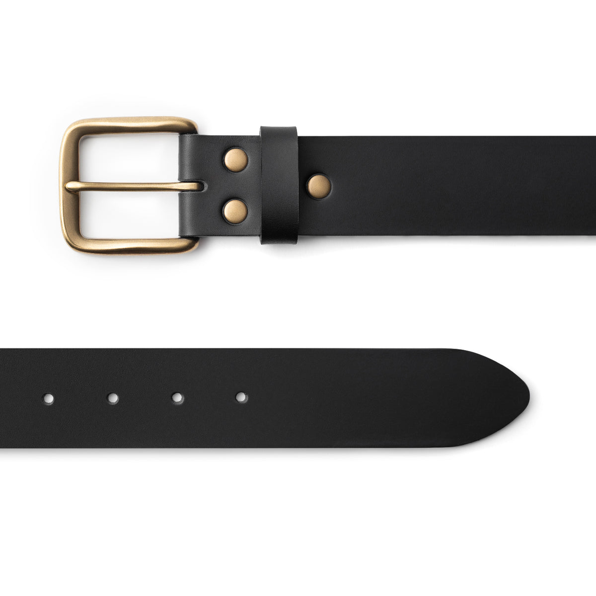 Black full-grain leather belt, brass buckle, top-down view — CarveOn, made in Ireland#Color_Black