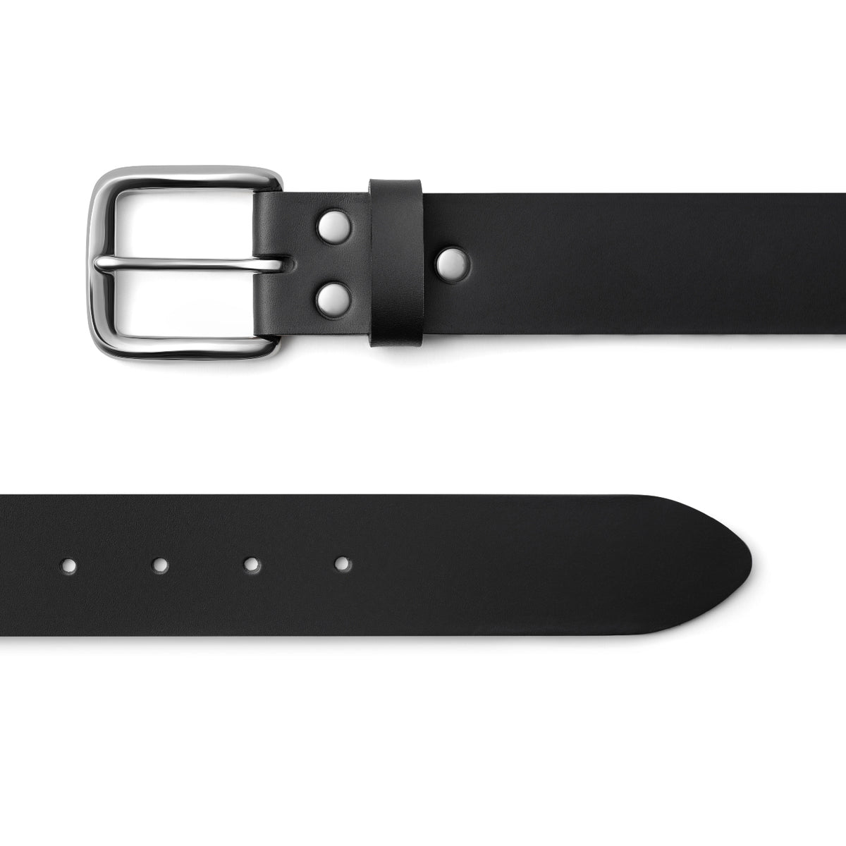 Black full-grain leather belt, silver buckle, top-down view — CarveOn, made in Ireland#Color_Black