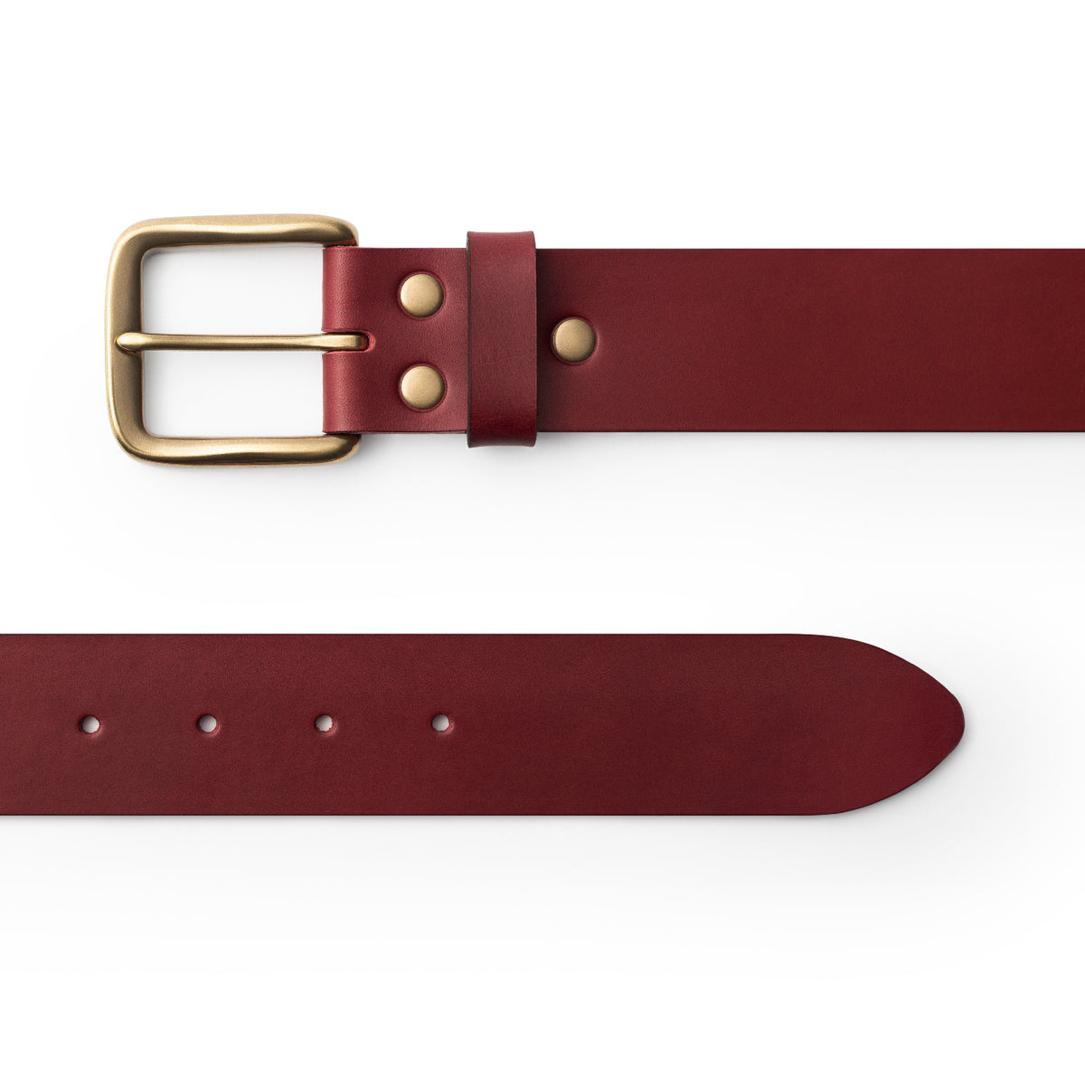 Burgundy full-grain leather belt, brass buckle, top-down view — CarveOn, made in Ireland#Color_Burgundy