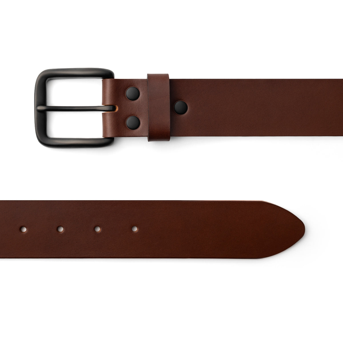 Dark Brown full-grain leather belt, black buckle, top-down view — CarveOn, made in Ireland#Color_Dark Brown