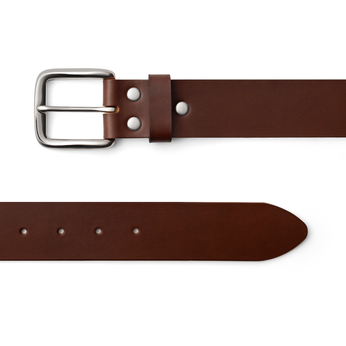 Dark Brown full-grain leather belt, silver buckle, top-down view — CarveOn, made in Ireland#Color_Dark Brown