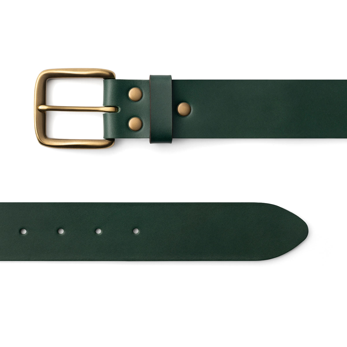 Green full-grain leather belt, brass buckle, top-down view — CarveOn, made in Ireland#Color_Green
