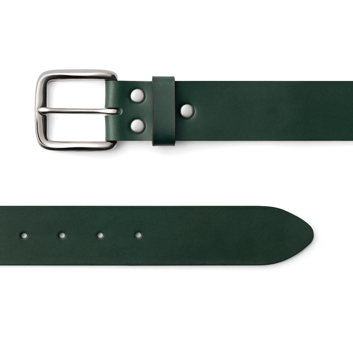 Green full-grain leather belt, silver buckle, top-down view — CarveOn, made in Ireland#Color_Green