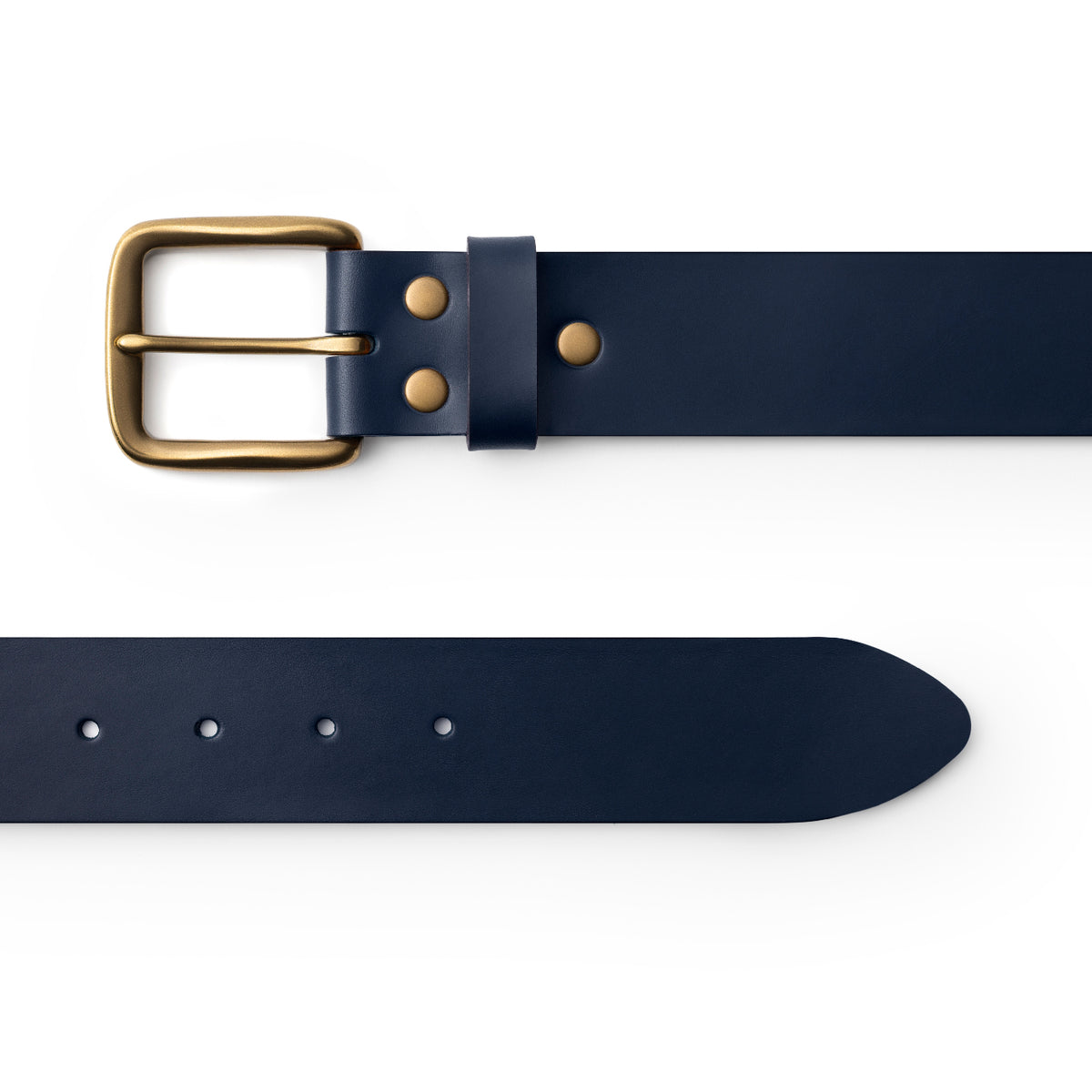 Navy full-grain leather belt, brass buckle, top-down view — CarveOn, made in Ireland#Color_Navy