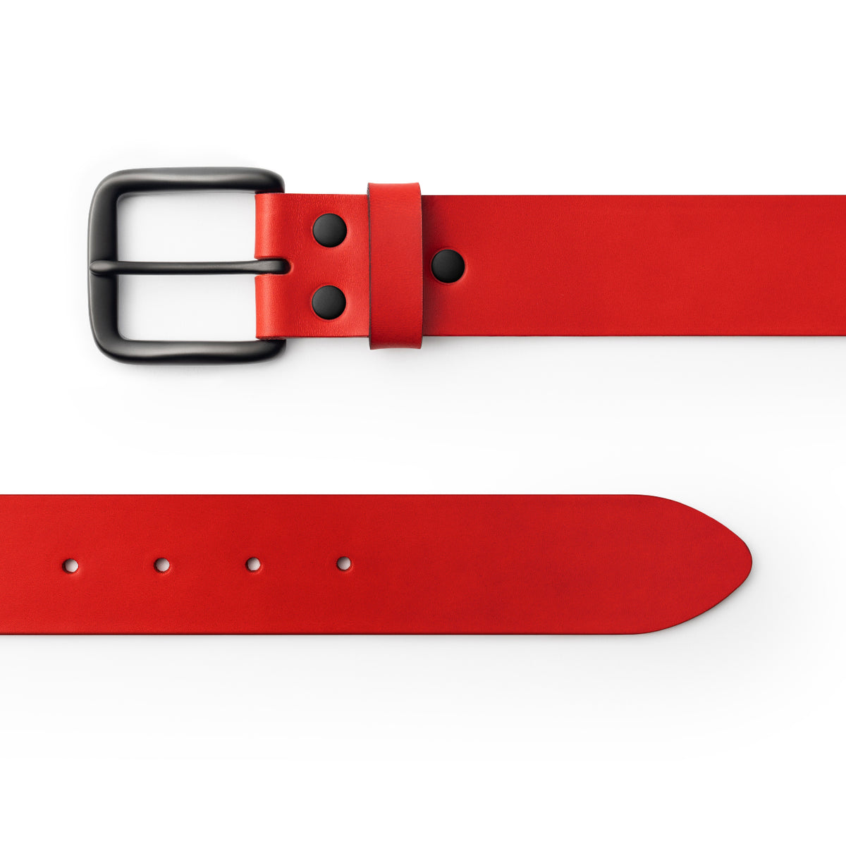 Red full-grain leather belt, black buckle, top-down view — CarveOn, made in Ireland#Color_Red