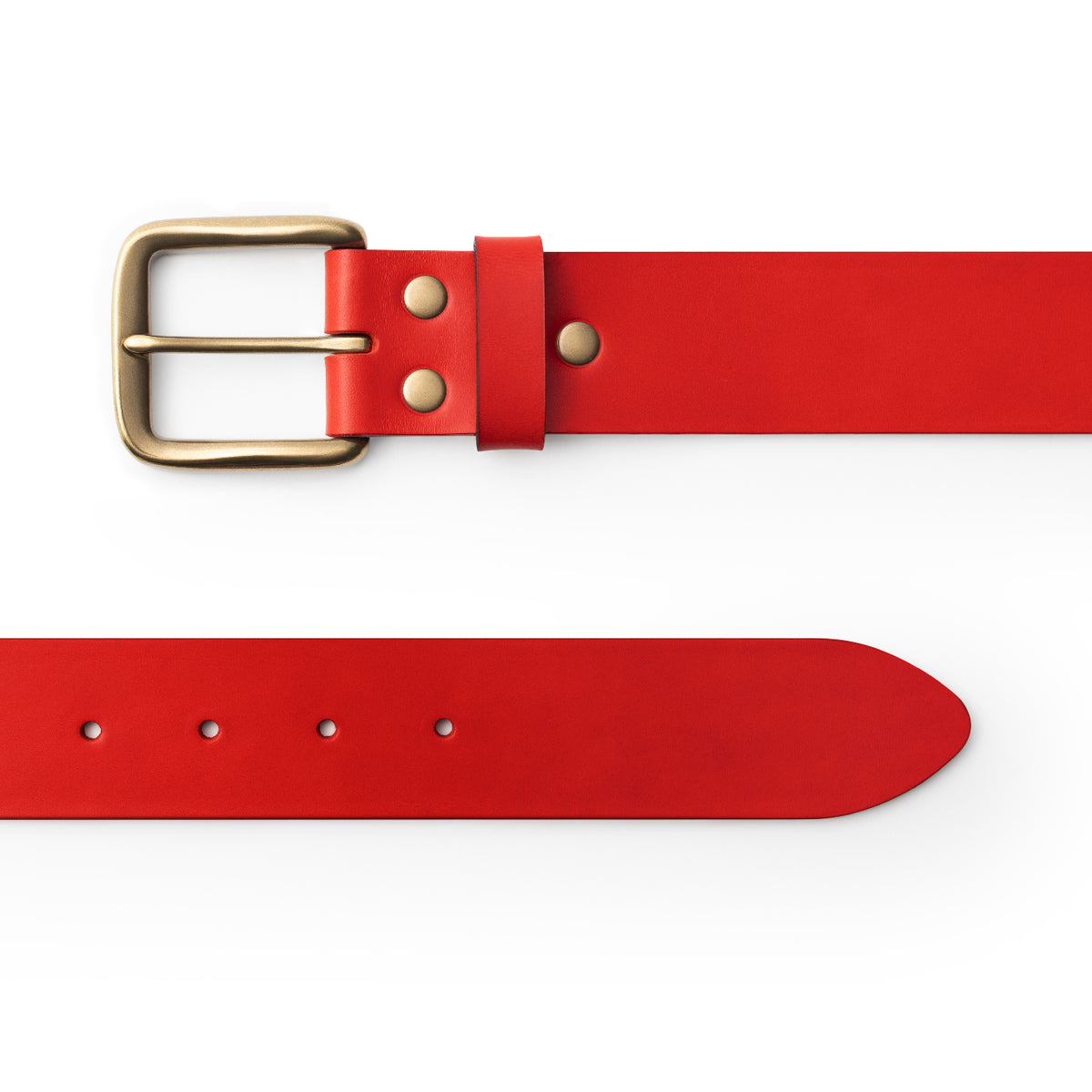 Red full-grain leather belt, brass buckle, top-down view — CarveOn, made in Ireland#Color_Red
