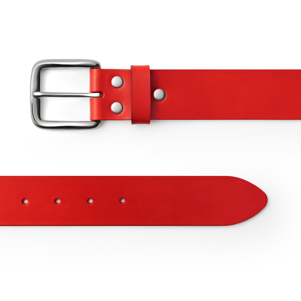 Red full-grain leather belt, silver buckle, top-down view — CarveOn, made in Ireland#Color_Red