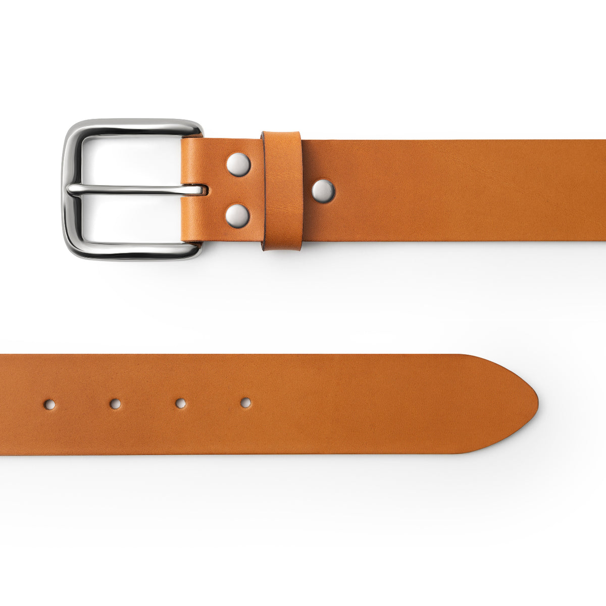 Tan full-grain leather belt, silver buckle, top-down view — CarveOn, made in Ireland#Color_Tan