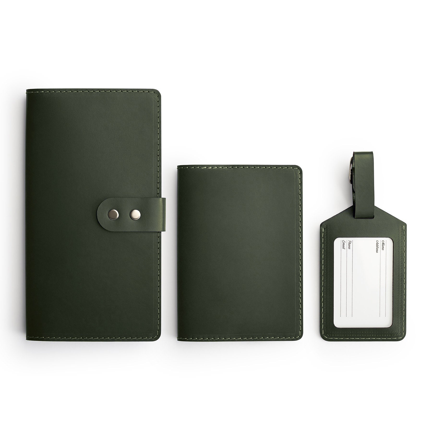 Green leather travel gift set, flat lay — personalised — CarveOn, made in Ireland#Color_Green
