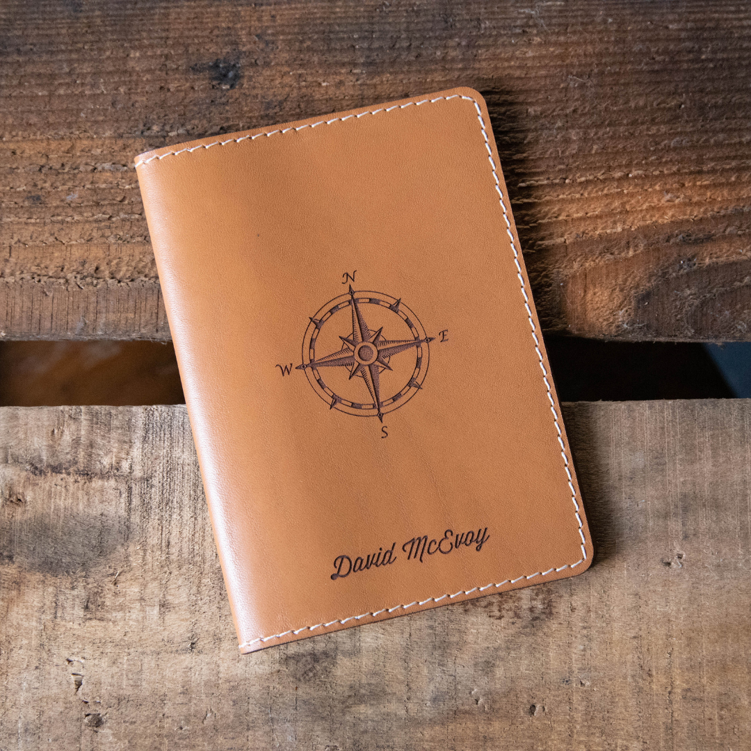 Full-grain leather passport holder — personalised travel gift — CarveOn, made in Ireland#Color_Tan