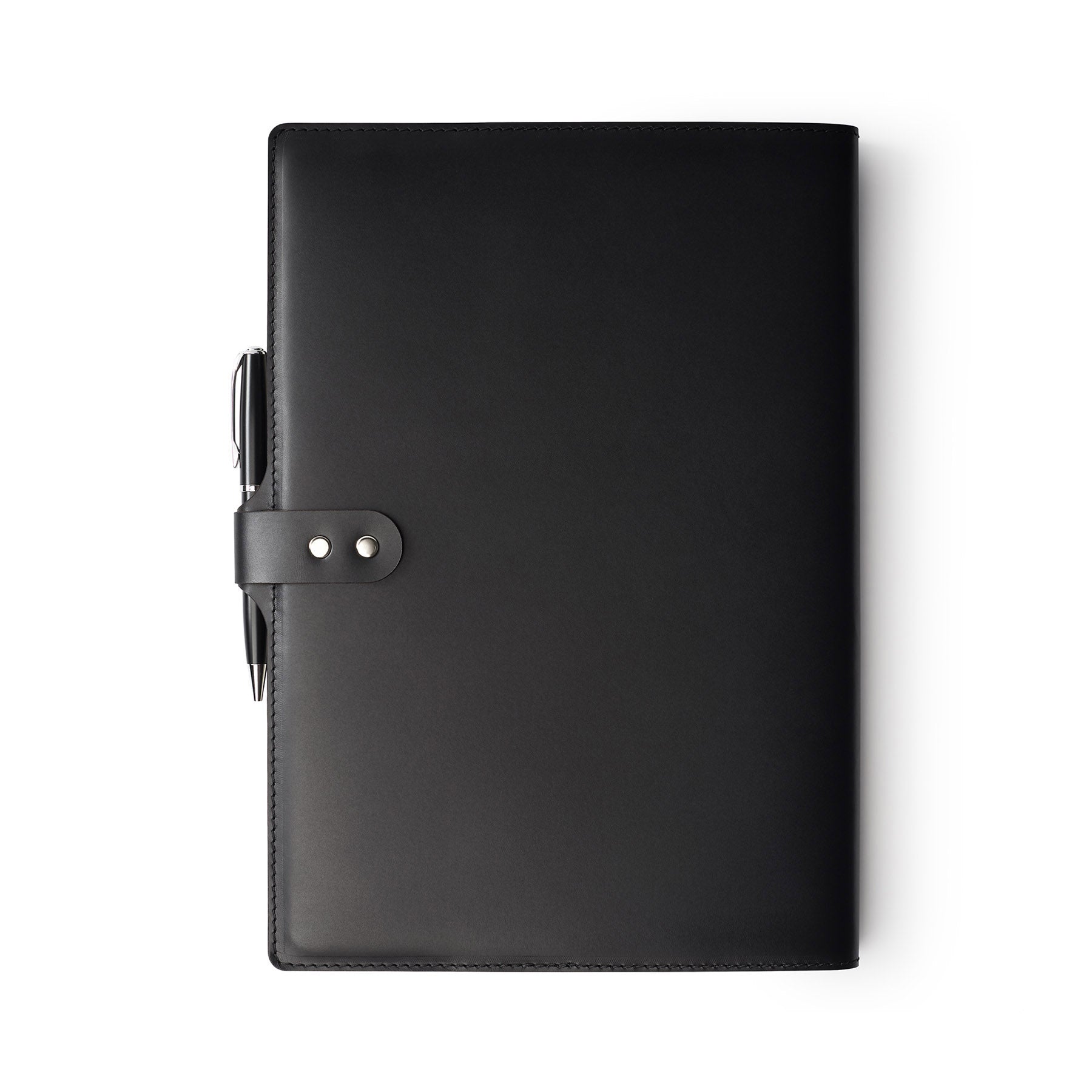 Black full-grain leather A4 notebook and pen set, flat lay — personalised with debossed initials — CarveOn, made in Ireland#Color_Black