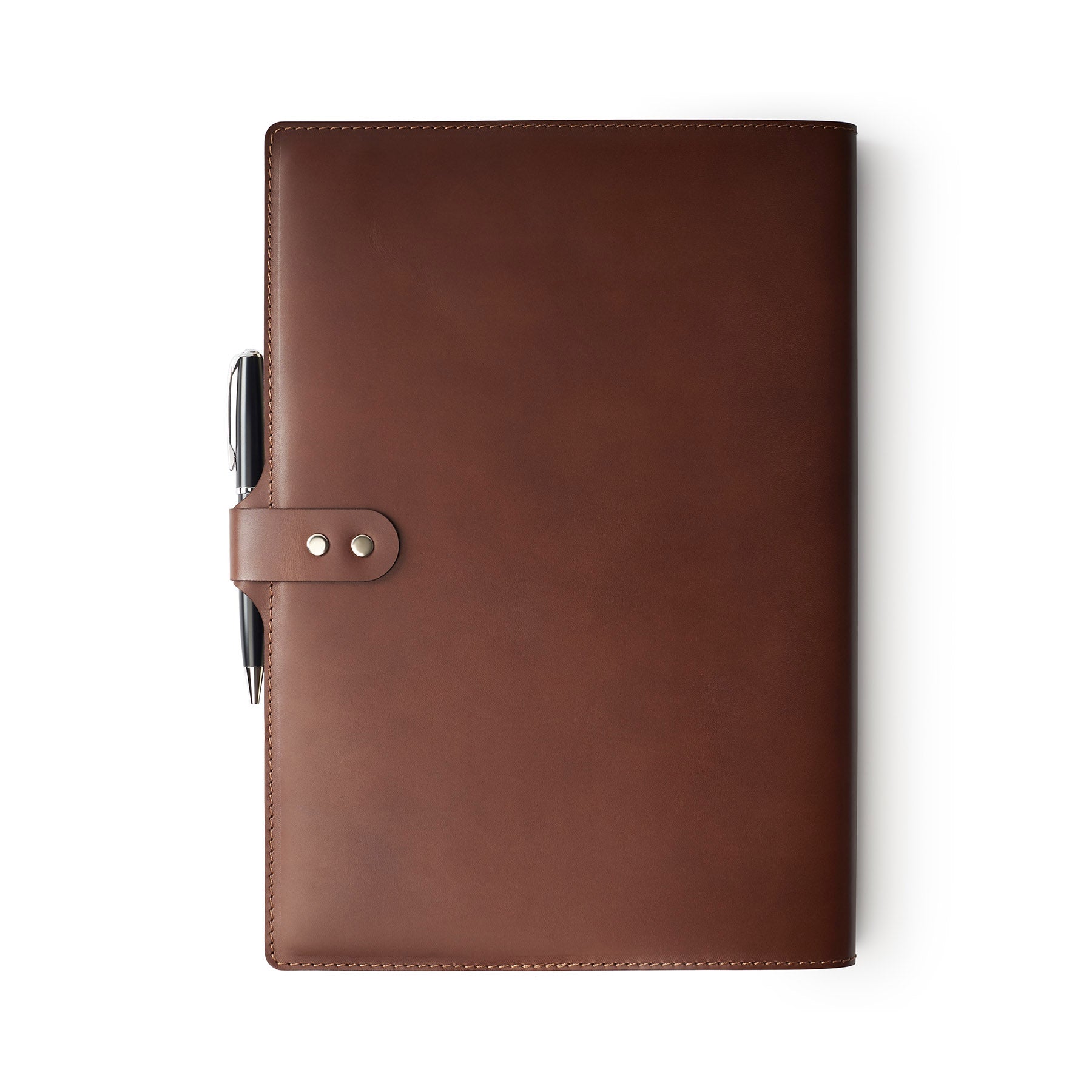 Dark Brown full-grain leather A4 notebook and pen set, flat lay — personalised with debossed initials — CarveOn, made in I...#Color_Dark Brown