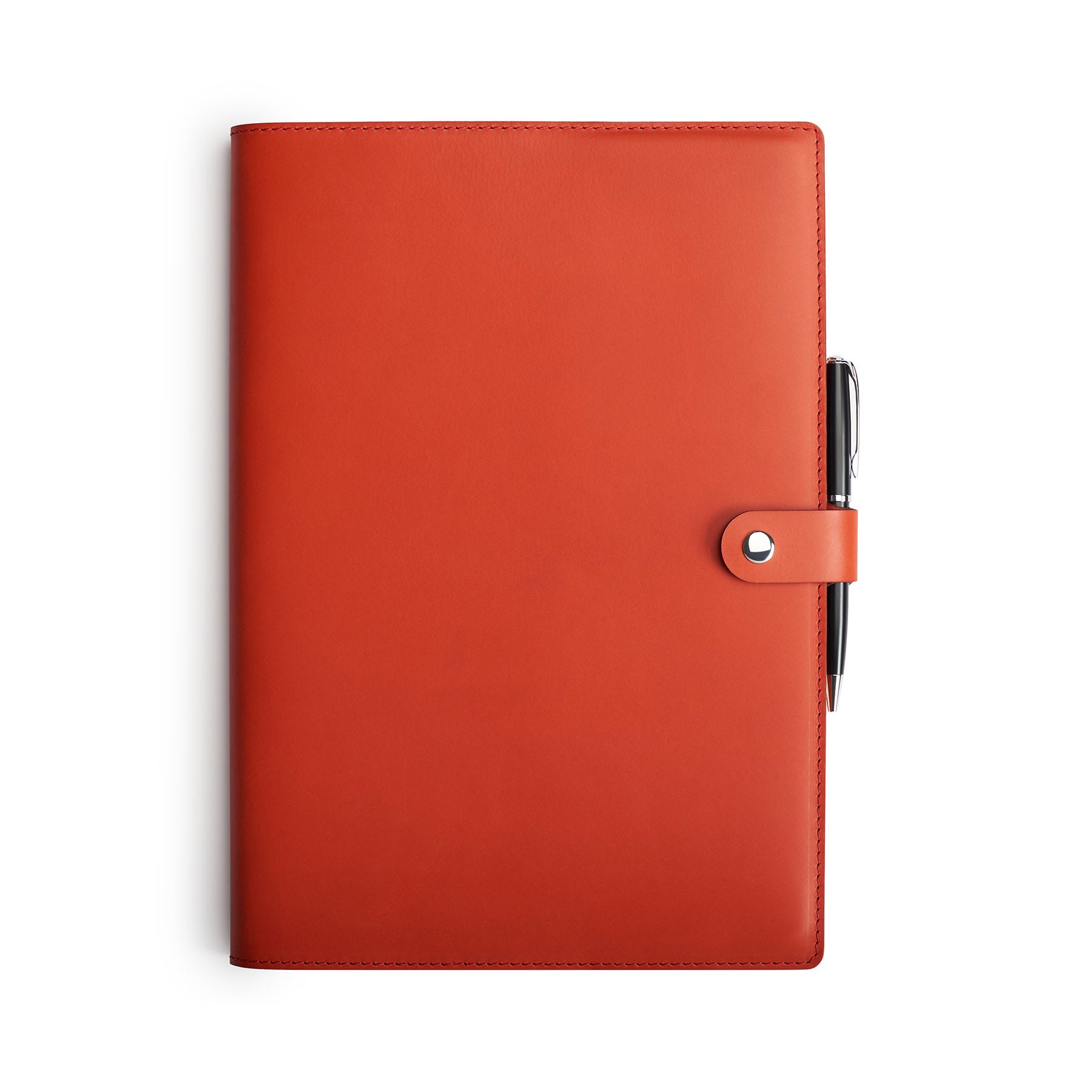 Red full-grain leather A4 notebook and pen set, flat lay — personalised with debossed initials — CarveOn, made in Ireland#Color_Red