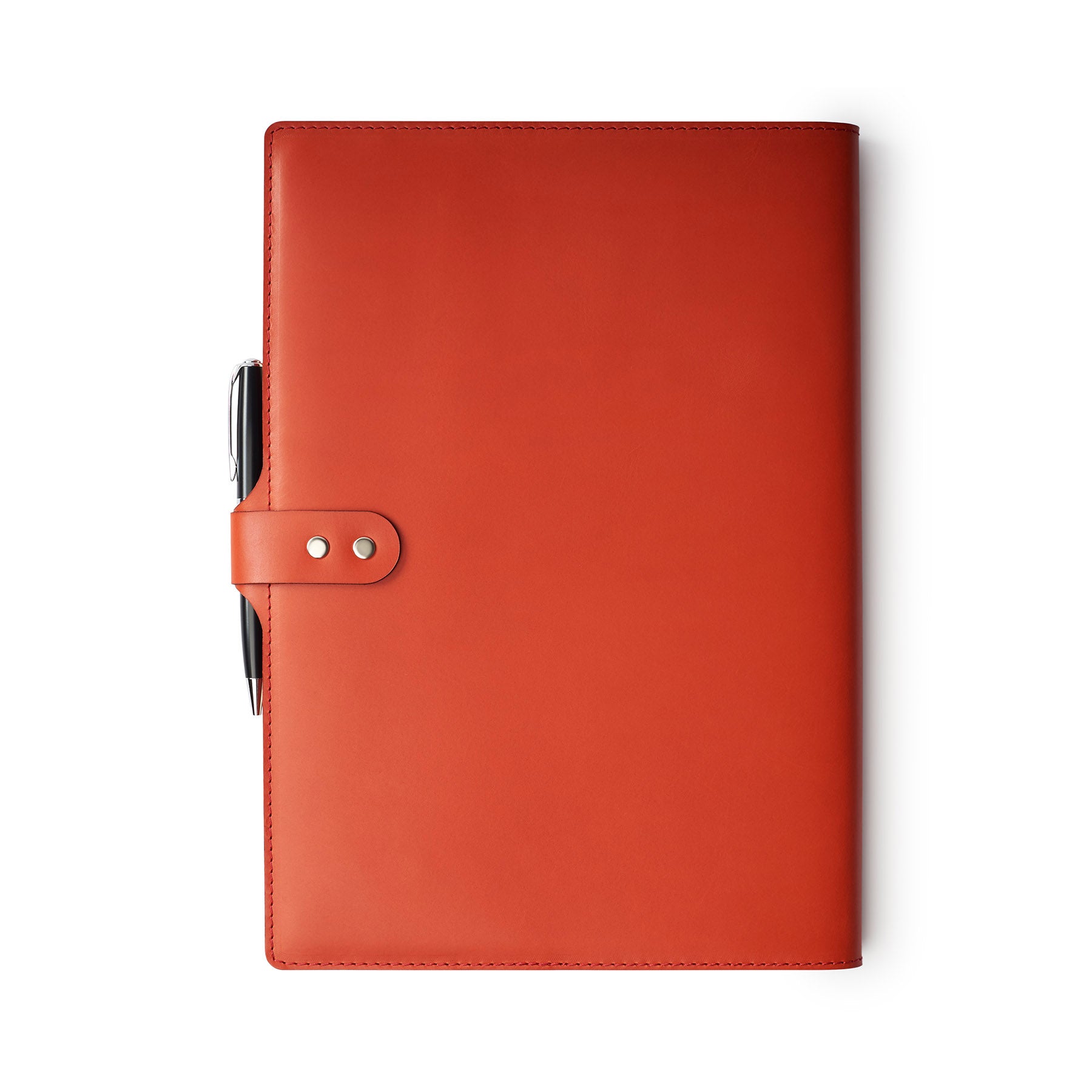 Red full-grain leather A4 notebook and pen set, flat lay — personalised with debossed initials — CarveOn, made in Ireland#Color_Red