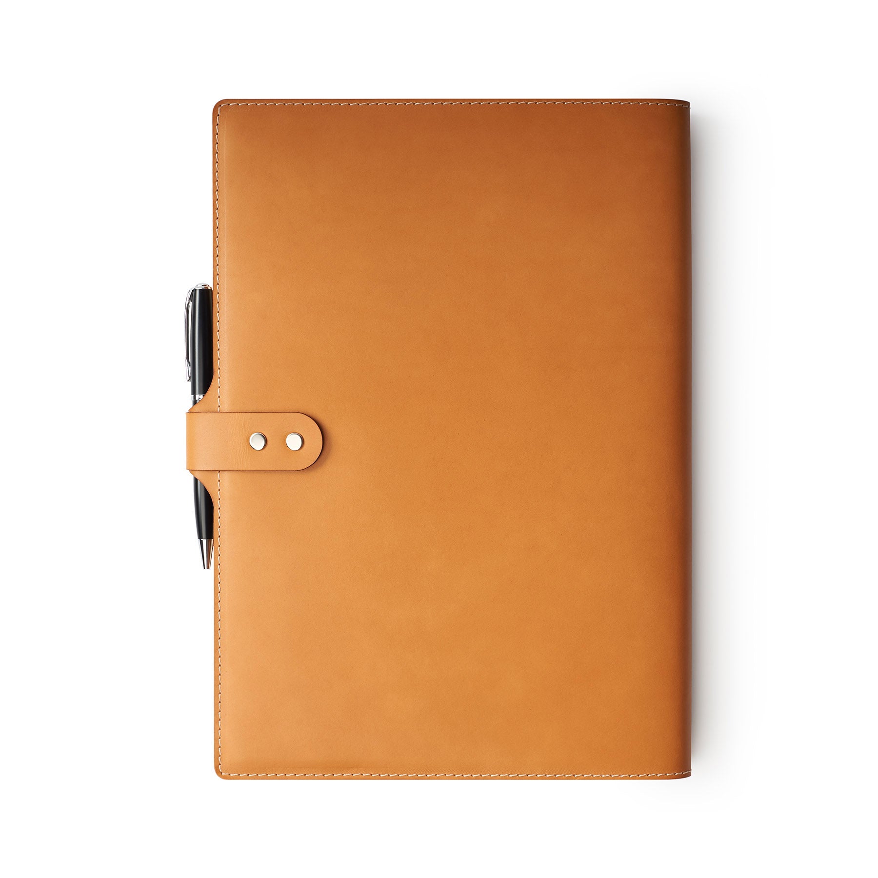 Tan full-grain leather A4 notebook and pen set, flat lay — personalised with debossed initials — CarveOn, made in Ireland#Color_Tan