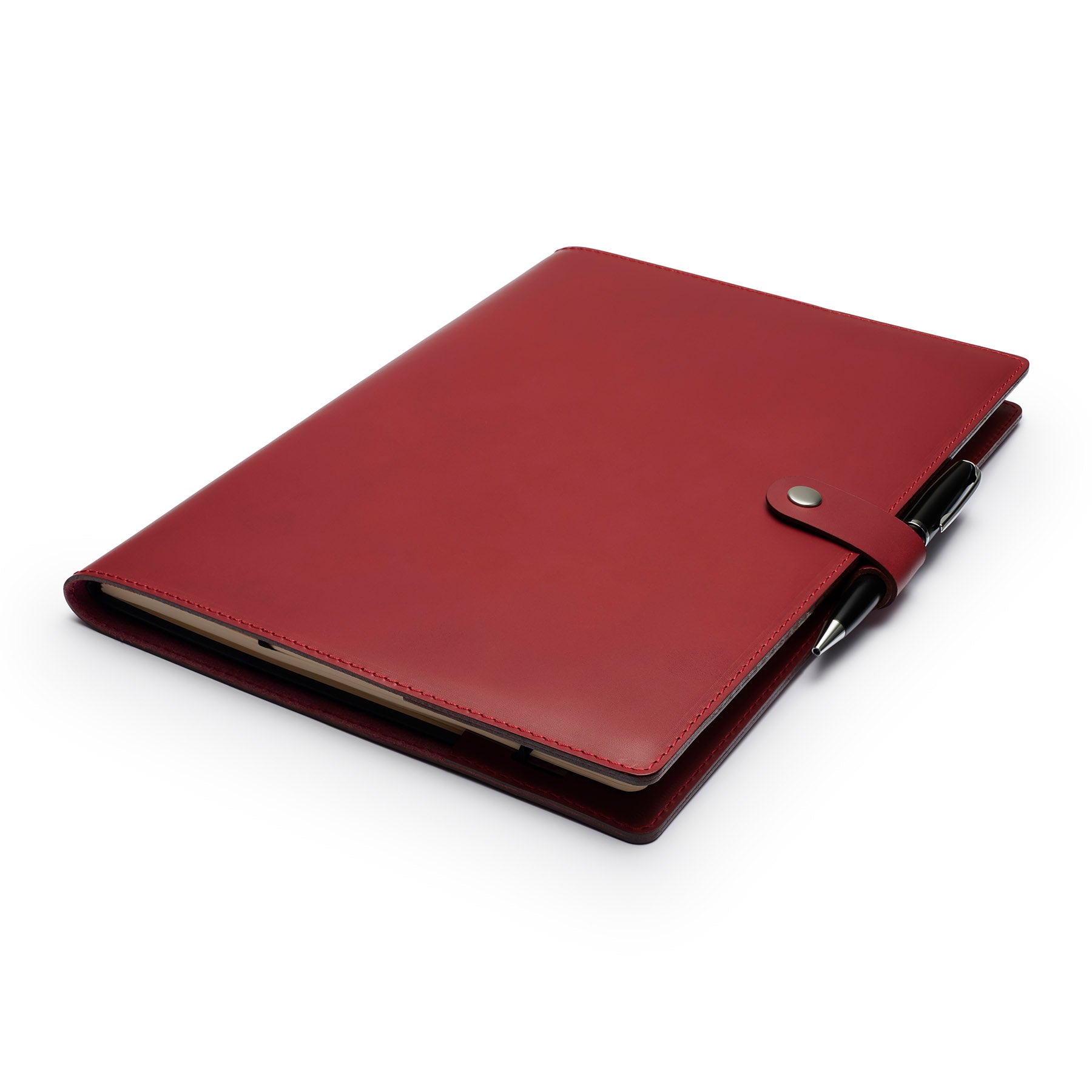 Burgundy full-grain leather A4 notebook and pen set, flat lay, angled view — personalised with debossed initials — CarveOn...#Color_Burgundy