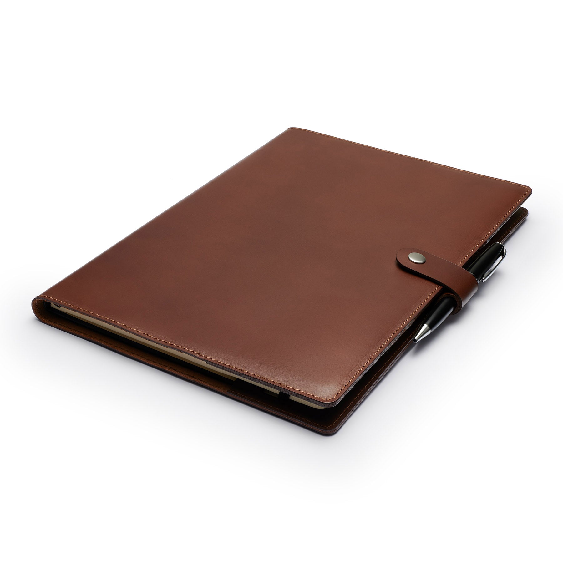 Dark Brown full-grain leather A4 notebook and pen set, flat lay, angled view — personalised with debossed initials — Carve...#Color_Dark Brown