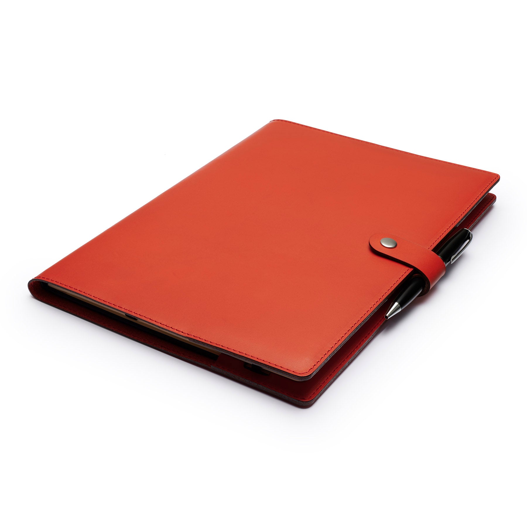 Red full-grain leather A4 notebook and pen set, flat lay, angled view — personalised with debossed initials — CarveOn, mad...#Color_Red