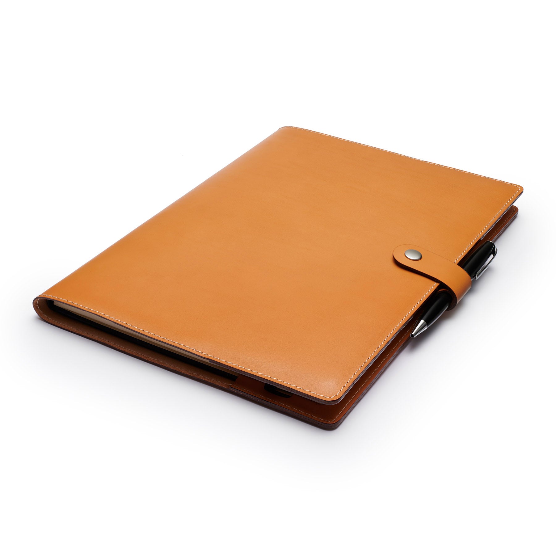 Tan full-grain leather A4 notebook and pen set, flat lay, angled view — personalised with debossed initials — CarveOn, mad...#Color_Tan