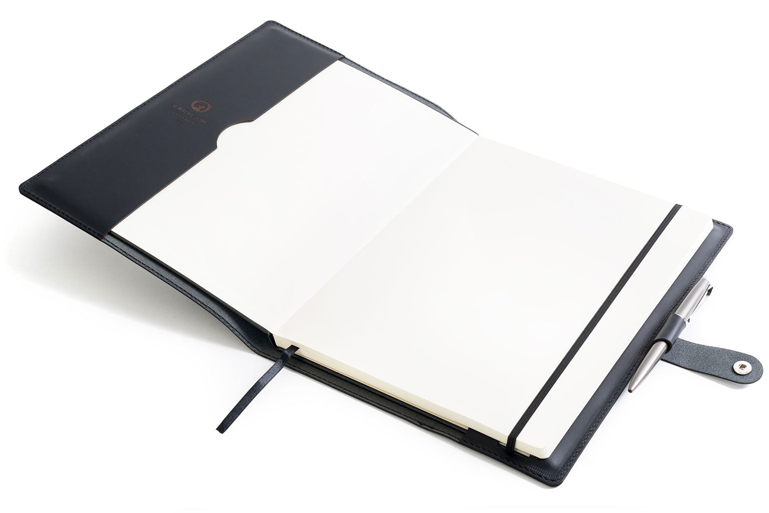 Black full-grain leather A4 notebook and pen set, open showing interior — personalised with debossed initials — CarveOn, m...#Color_Black