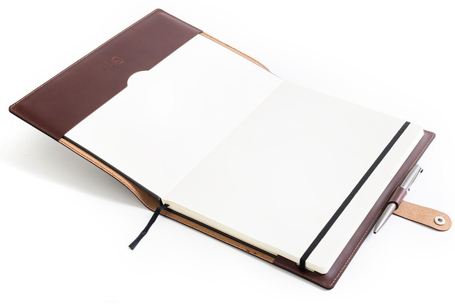 Dark Brown full-grain leather A4 notebook and pen set, open showing interior — personalised with debossed initials — Carve...#Color_Dark Brown