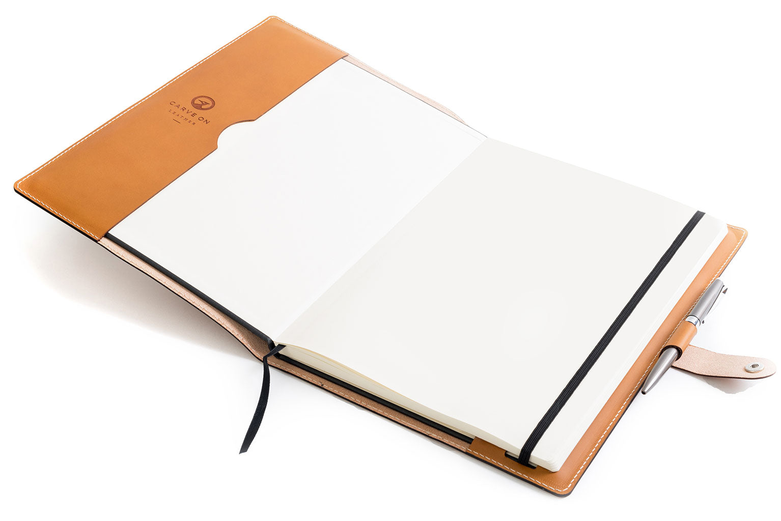 Tan full-grain leather A4 notebook and pen set, open showing interior — personalised with debossed initials — CarveOn, mad...#Color_Tan