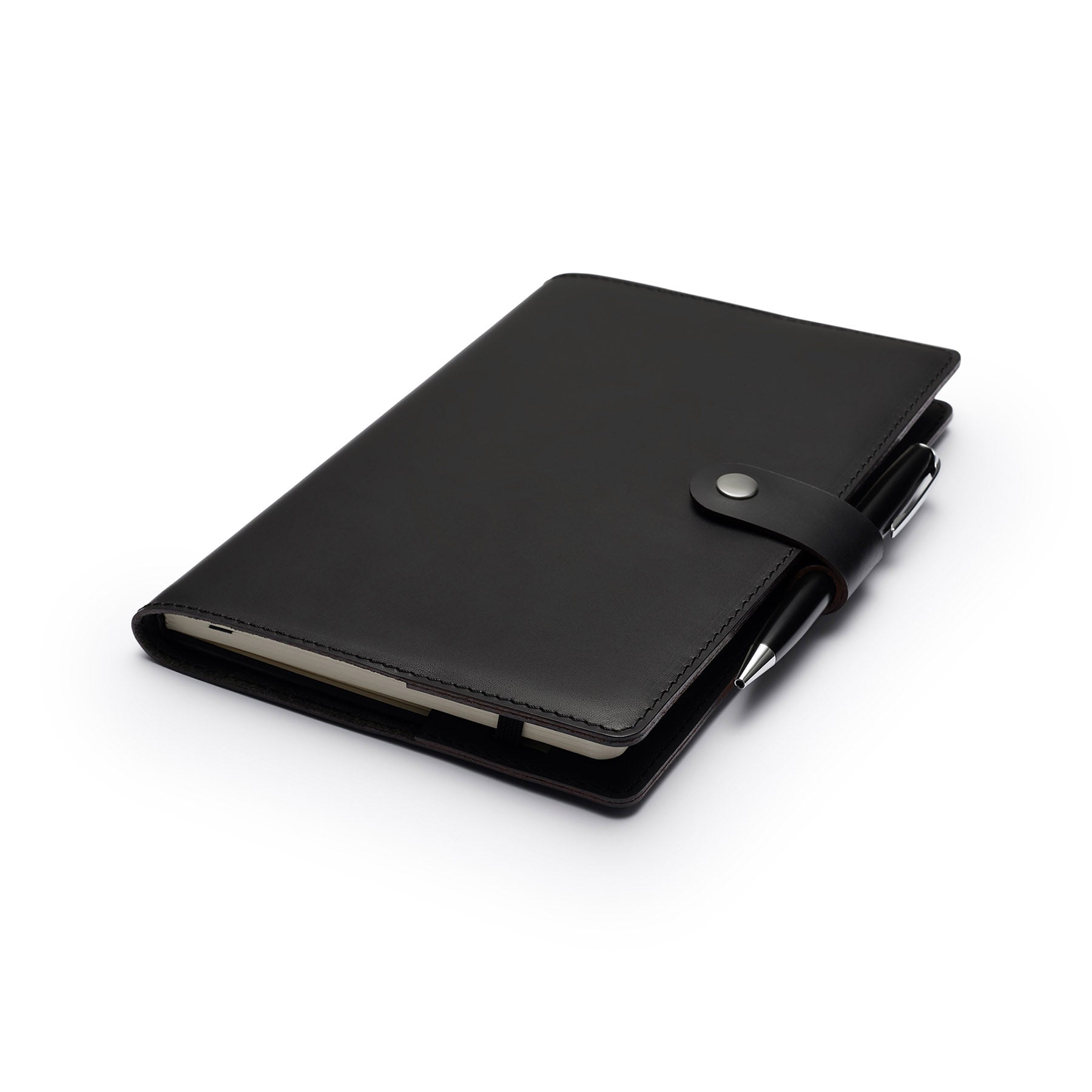 Black Moleskine notebook with leather cover and pen, flat lay, angled view — personalised gift — CarveOn, made in Ireland#Color_Black