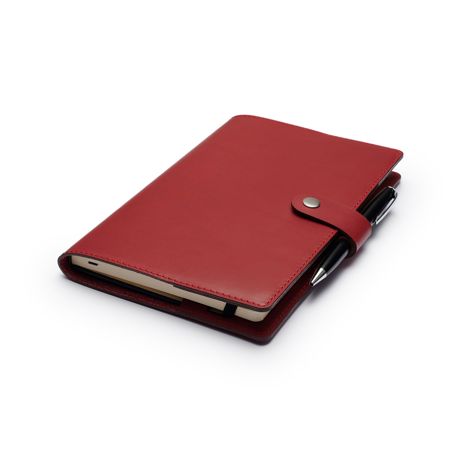 Burgundy Moleskine notebook with leather cover and pen, flat lay, angled view — personalised gift — CarveOn, made in Ireland#Color_Burgundy