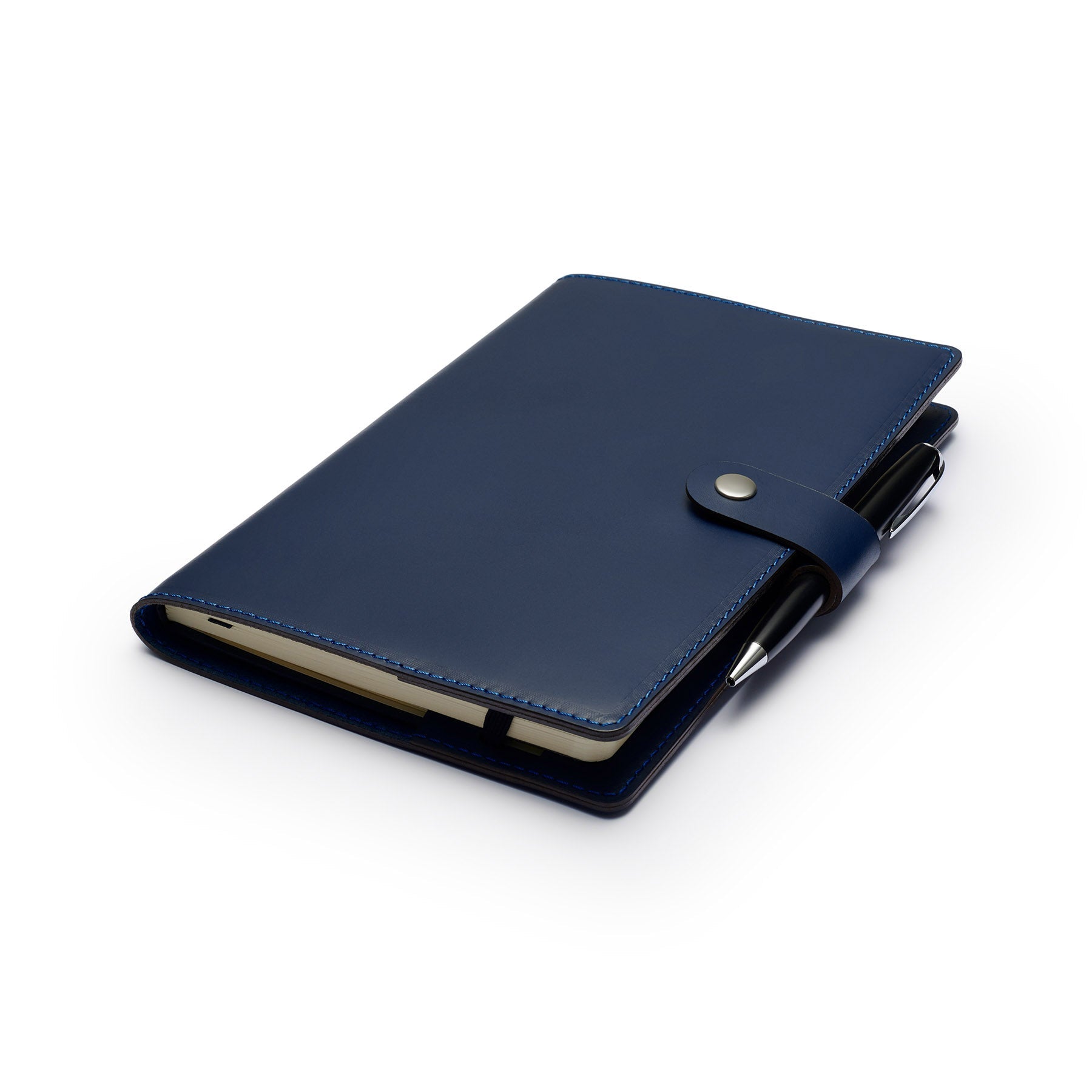 Navy Moleskine notebook with leather cover and pen, flat lay, angled view — personalised gift — CarveOn, made in Ireland#Color_Navy