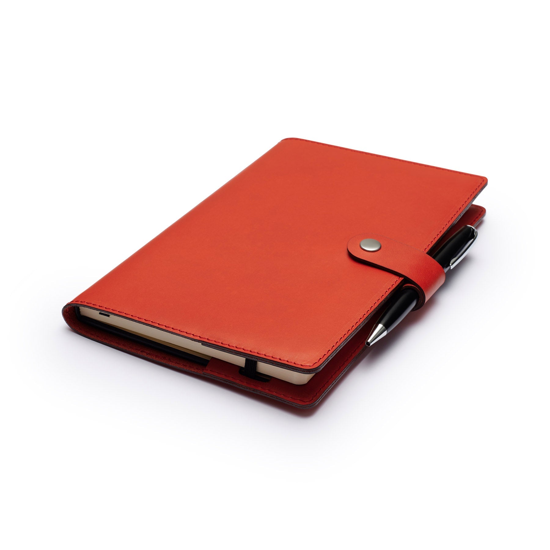 Red Moleskine notebook with leather cover and pen, flat lay, angled view — personalised gift — CarveOn, made in Ireland#Color_Red