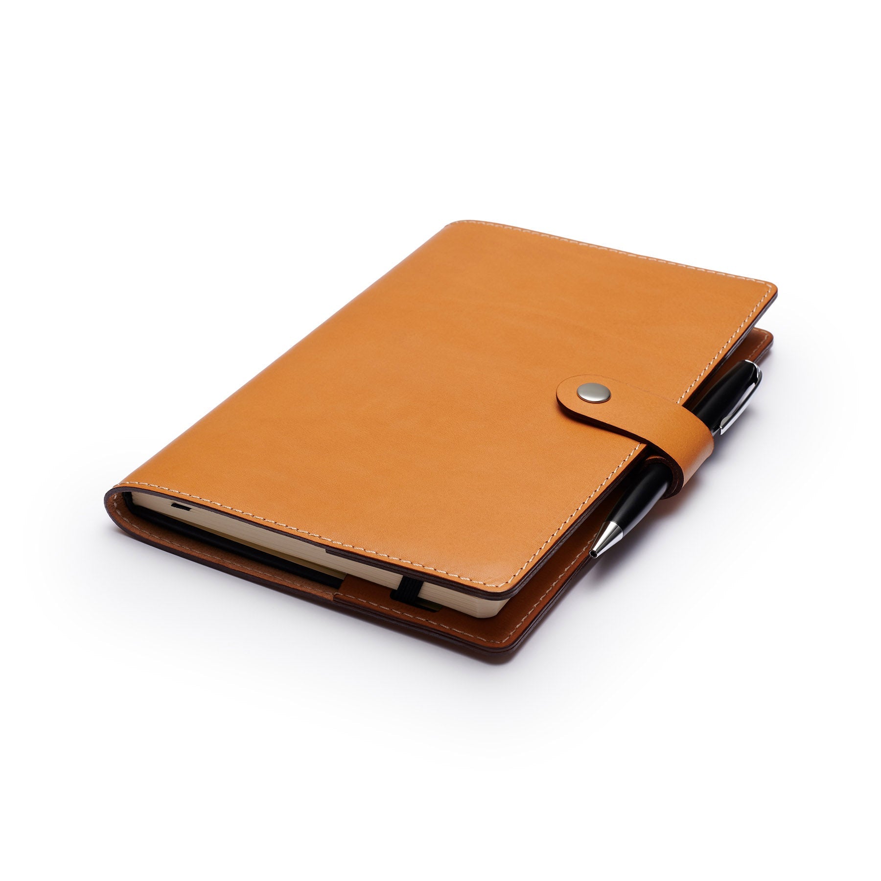 Tan Moleskine notebook with leather cover and pen, flat lay, angled view — personalised gift — CarveOn, made in Ireland#Color_Tan