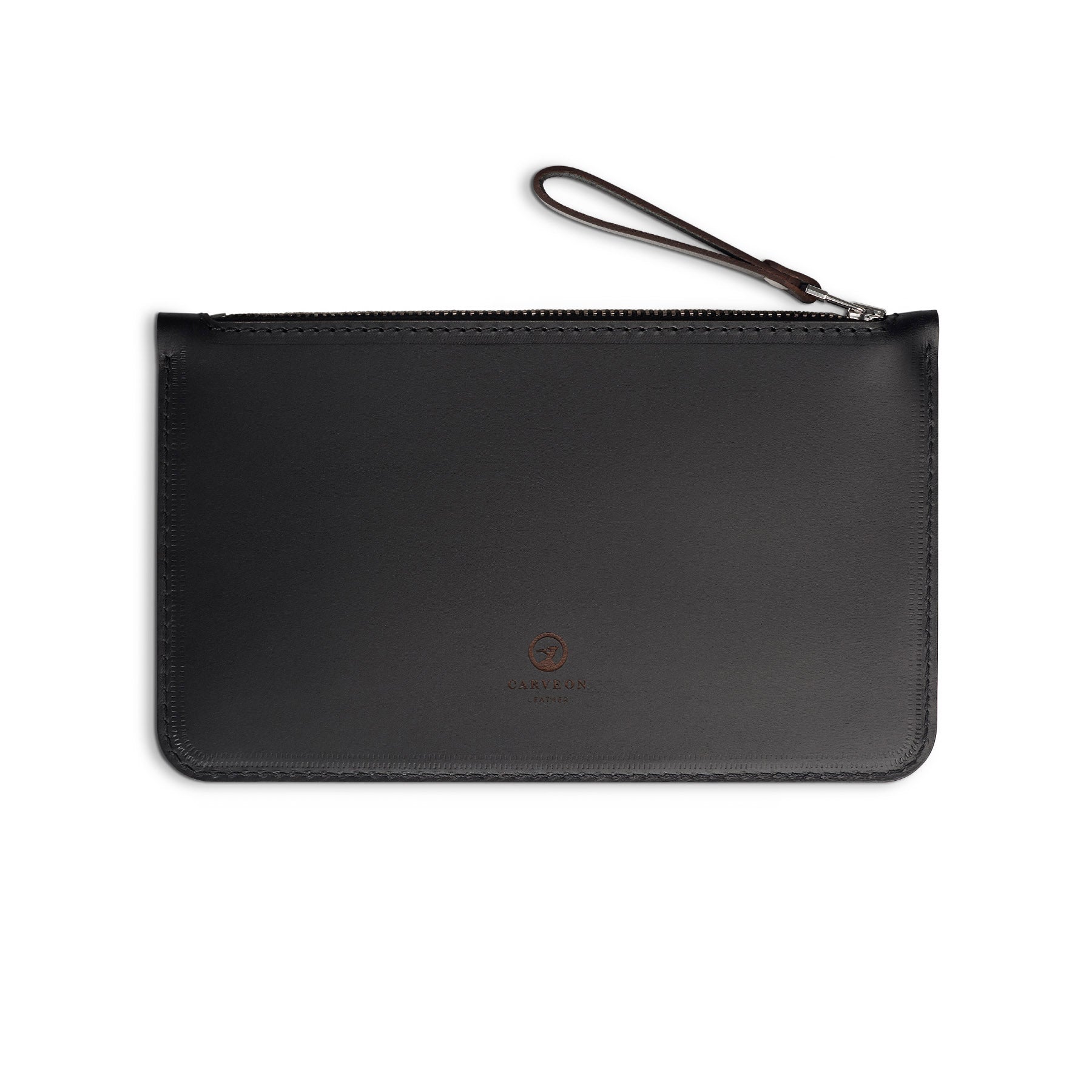 Black full-grain leather zip pouch, flat lay — personalised — CarveOn, made in Ireland#Color_Black