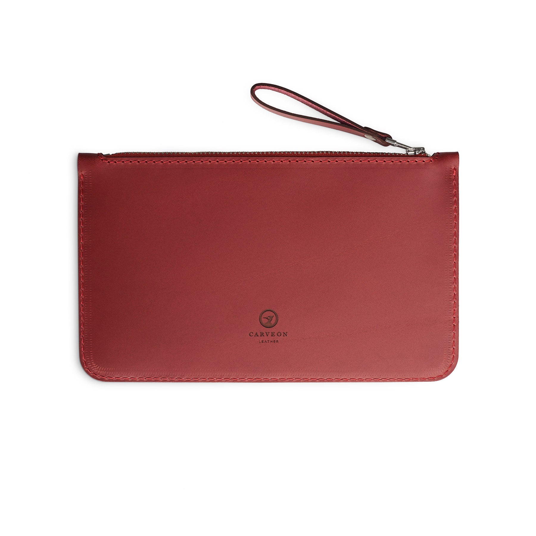 Burgundy full-grain leather zip pouch, flat lay — personalised — CarveOn, made in Ireland#Color_Burgundy