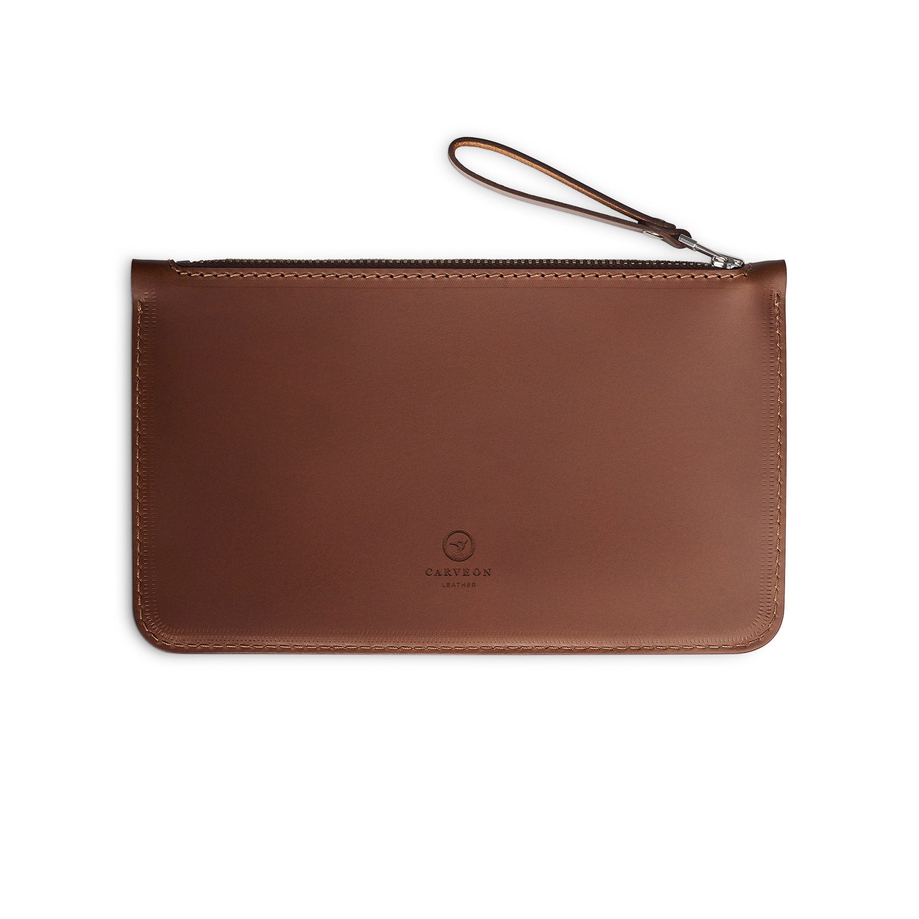 Dark Brown full-grain leather zip pouch, flat lay — personalised — CarveOn, made in Ireland#Color_Dark Brown