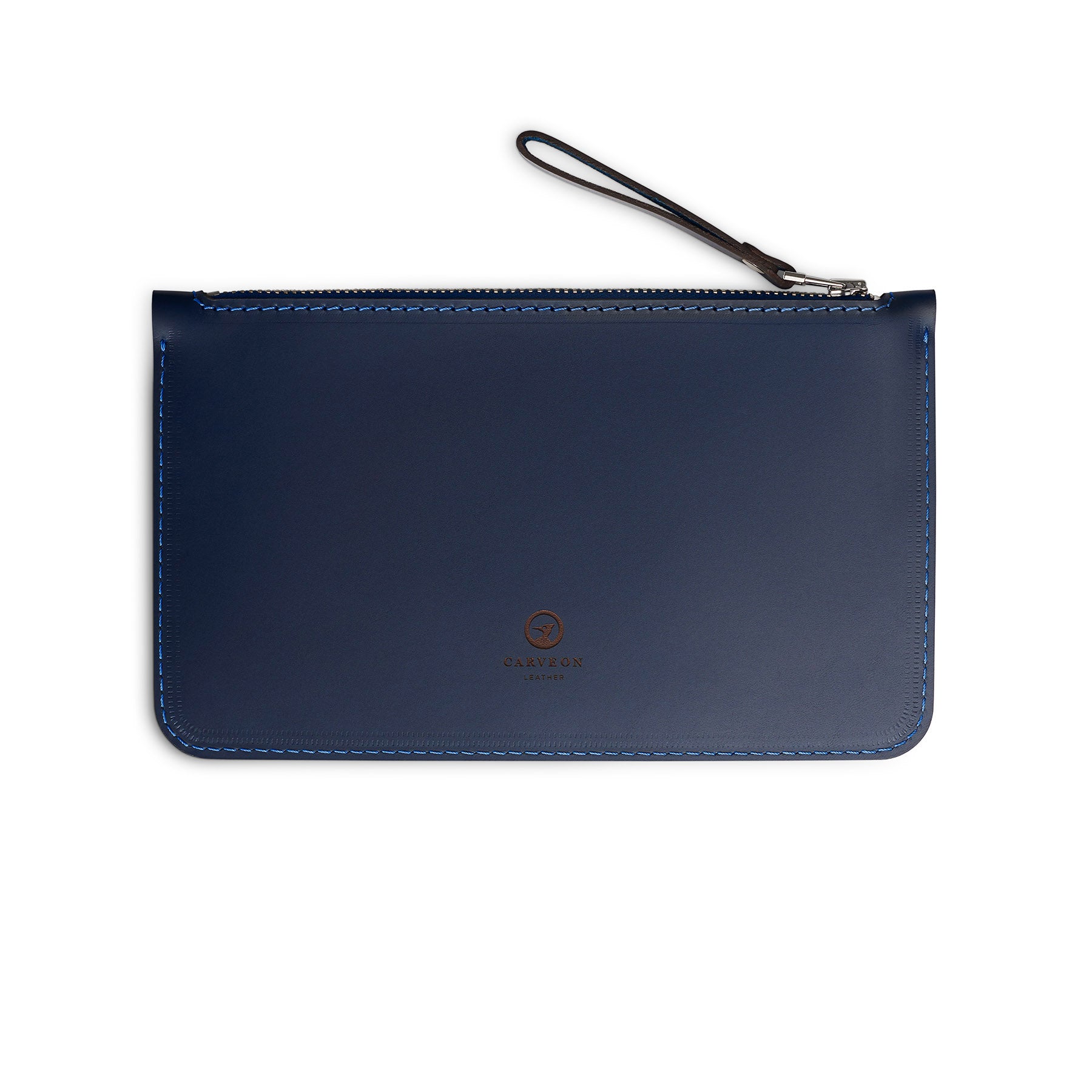 Navy full-grain leather zip pouch, flat lay — personalised — CarveOn, made in Ireland#Color_Navy