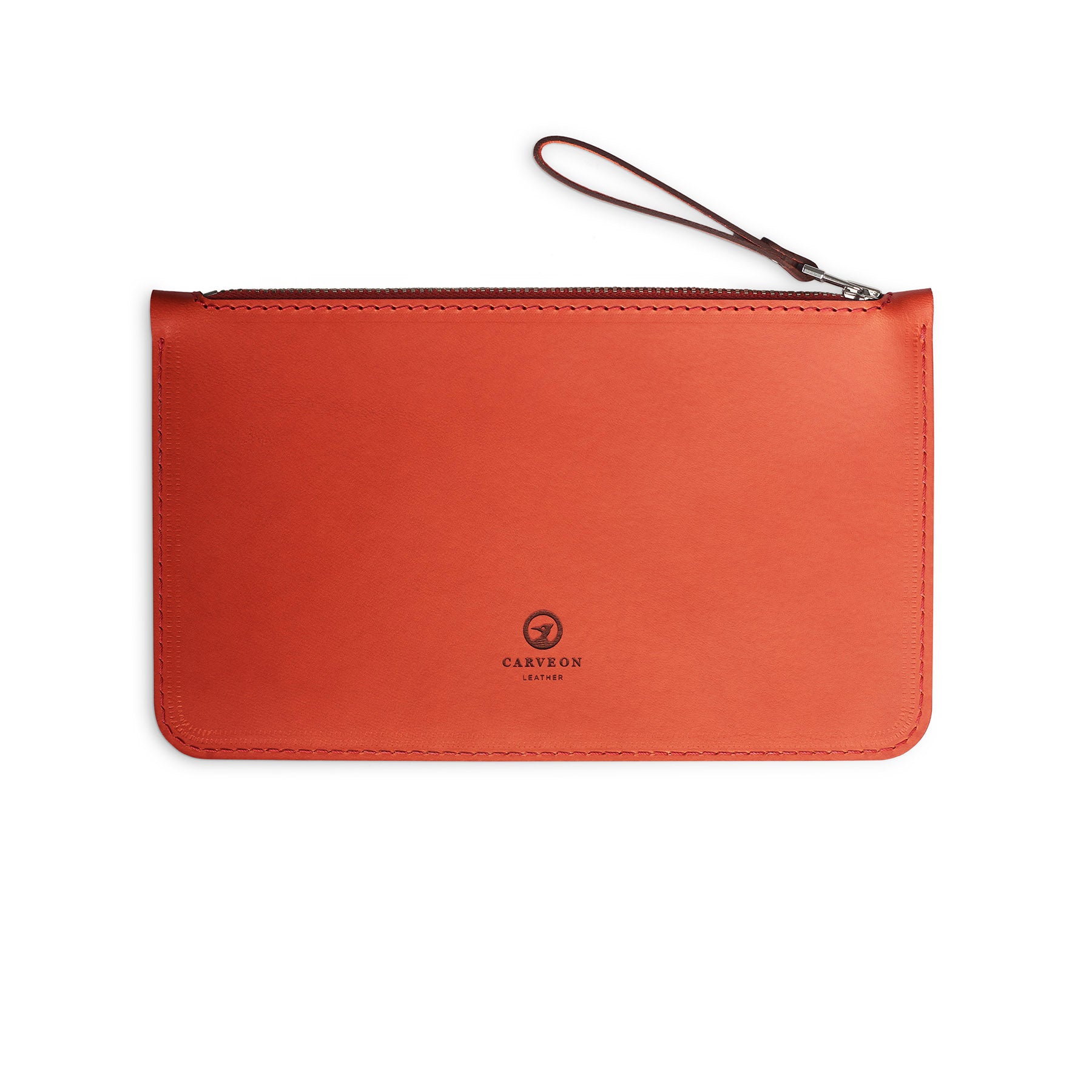 Red full-grain leather zip pouch, flat lay — personalised — CarveOn, made in Ireland#Color_Red
