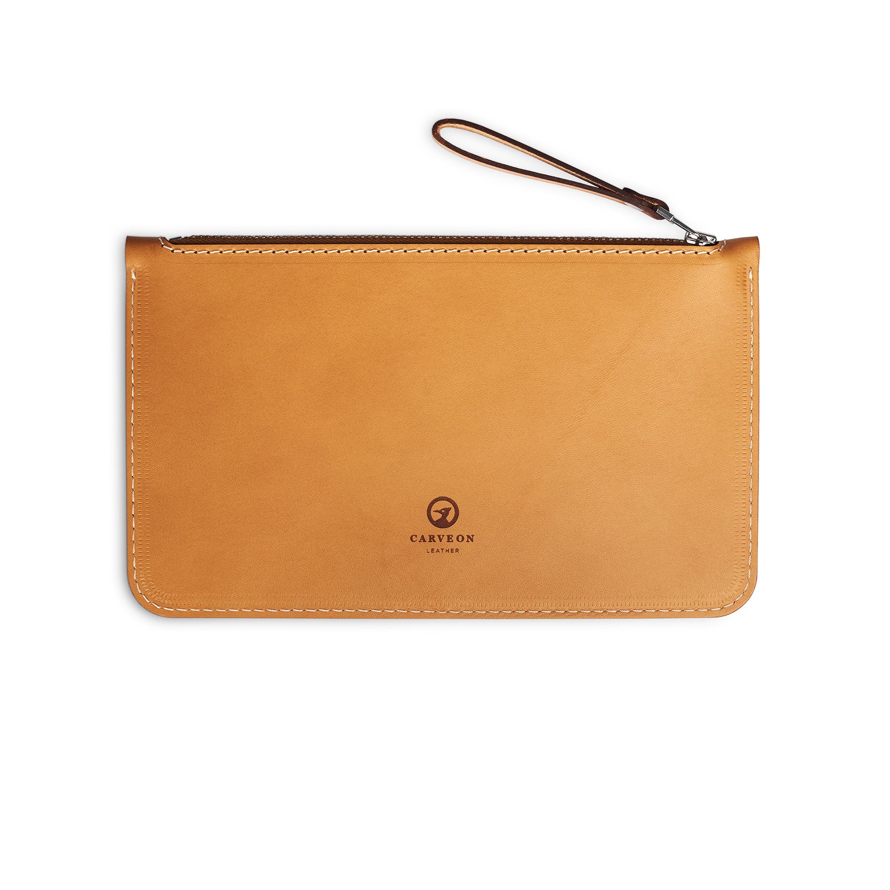 Tan full-grain leather zip pouch, flat lay — personalised — CarveOn, made in Ireland#Color_Tan