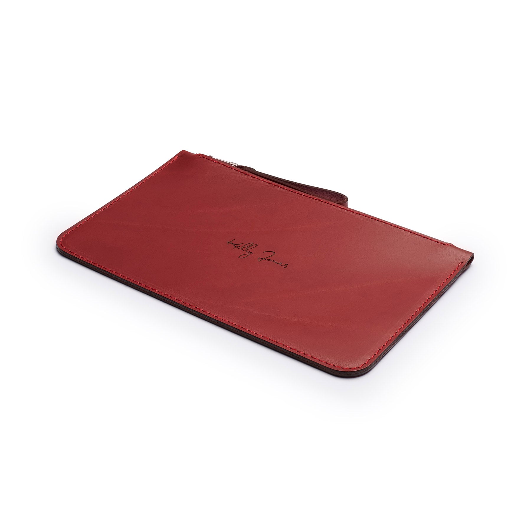 Burgundy full-grain leather zip pouch, flat lay, angled view — personalised — CarveOn, made in Ireland#Color_Burgundy