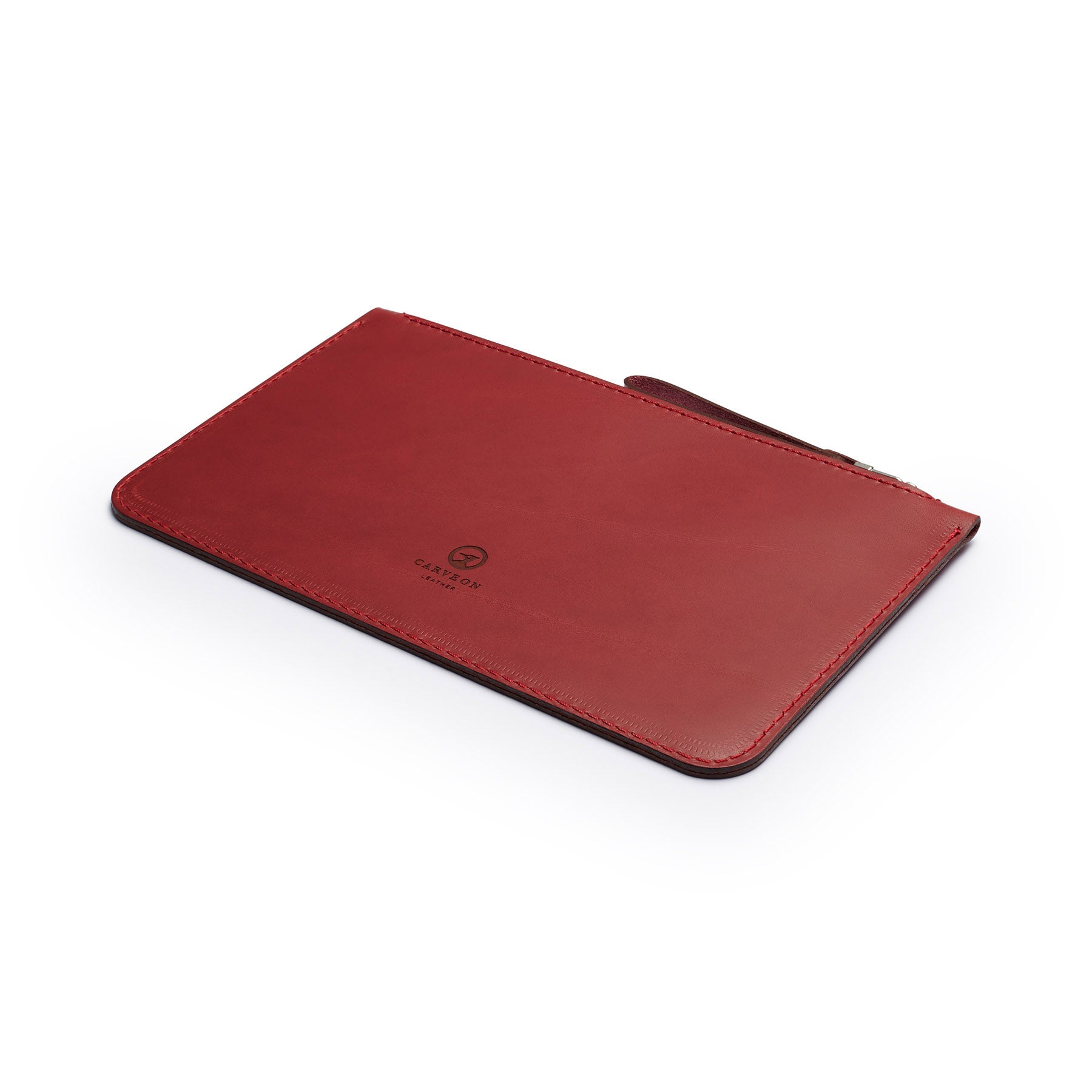 Burgundy full-grain leather zip pouch, flat lay, angled view — personalised — CarveOn, made in Ireland#Color_Burgundy