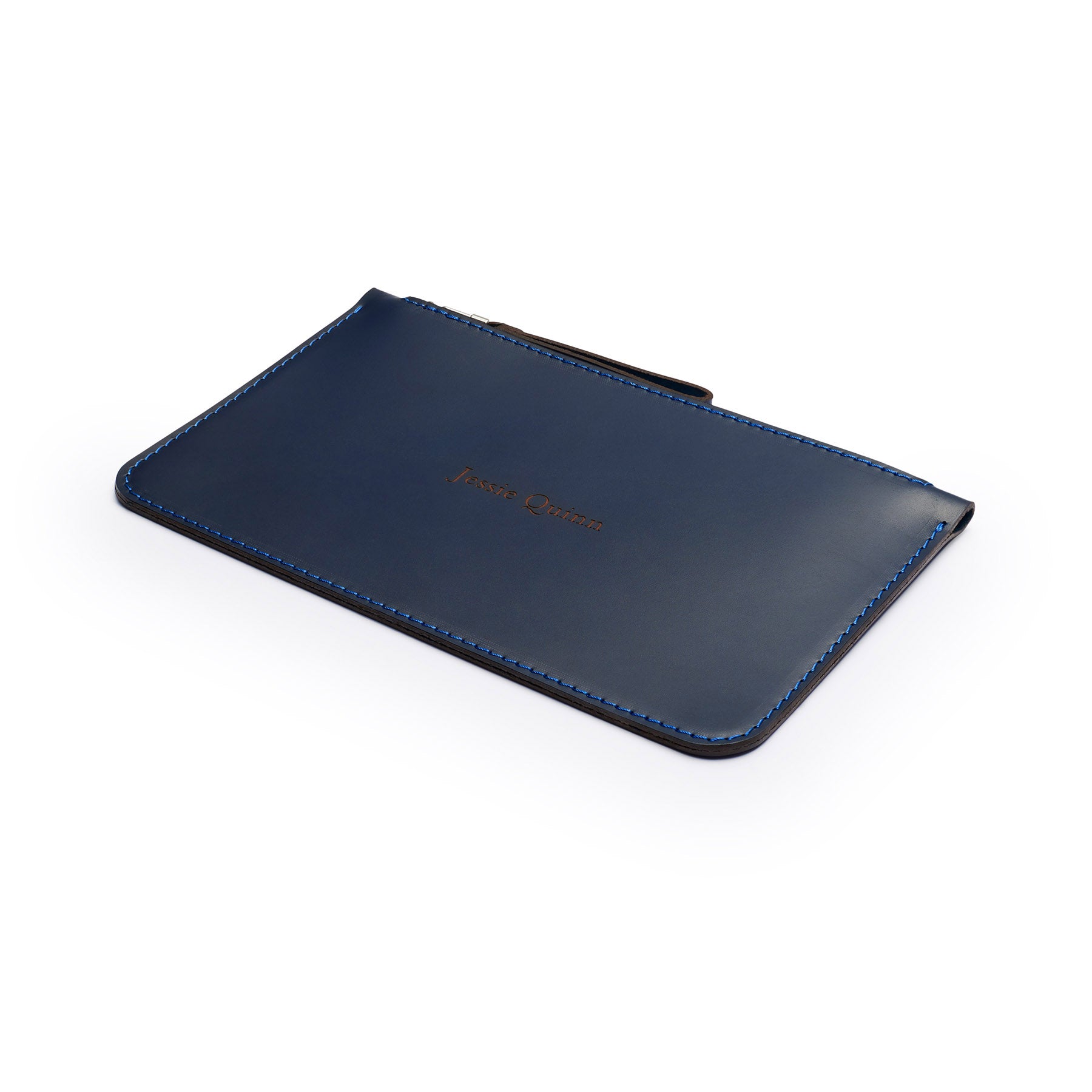 Navy full-grain leather zip pouch, flat lay, angled view — personalised — CarveOn, made in Ireland#Color_Navy