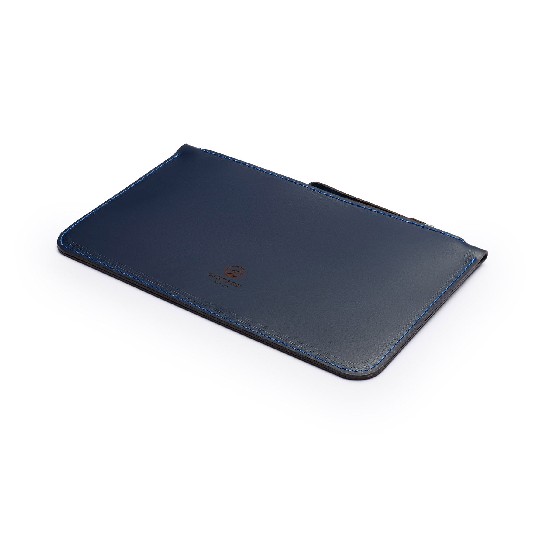 Navy full-grain leather zip pouch, flat lay, angled view — personalised — CarveOn, made in Ireland#Color_Navy