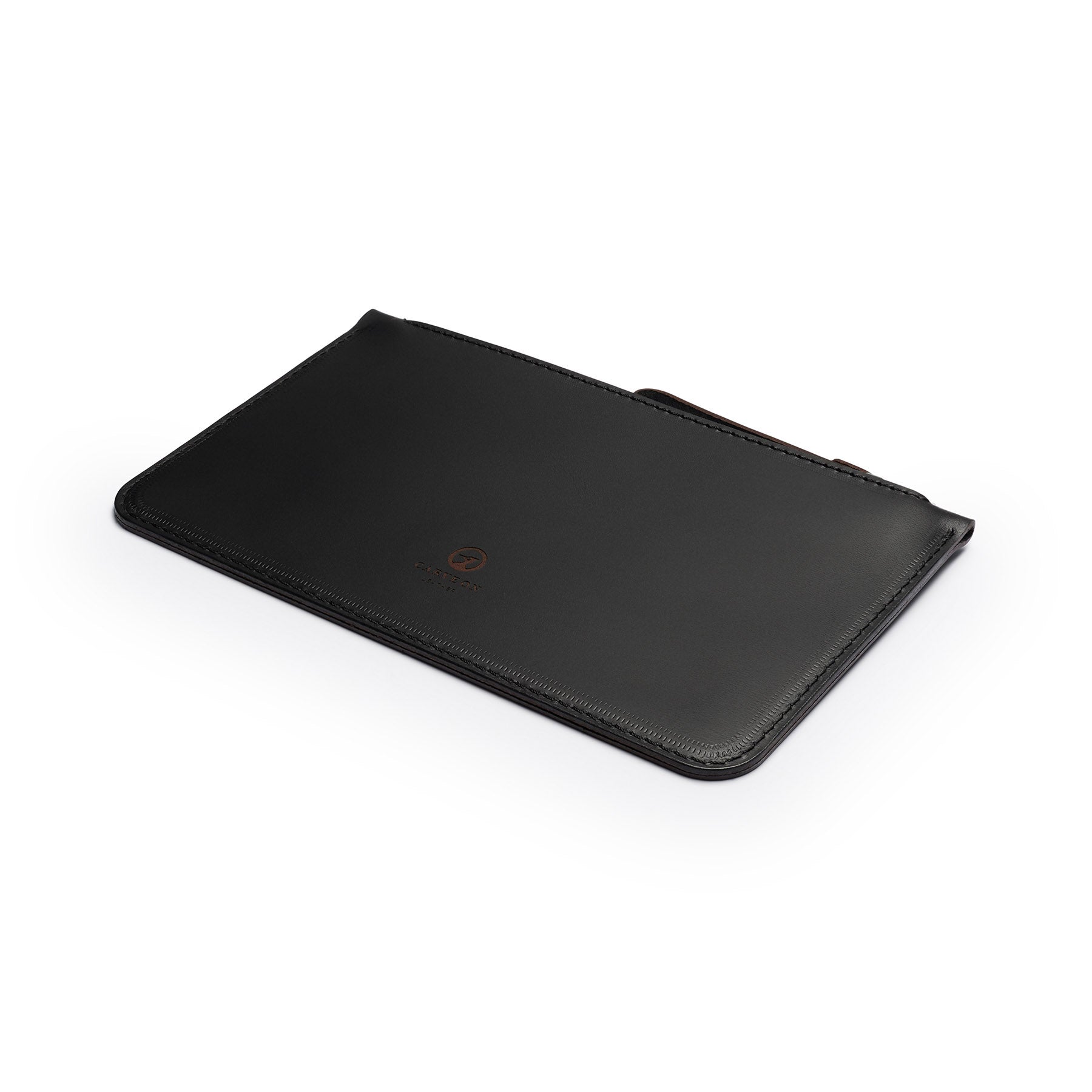 Black full-grain leather zip pouch, flat lay, angled view — personalised — CarveOn, made in Ireland#Color_Black
