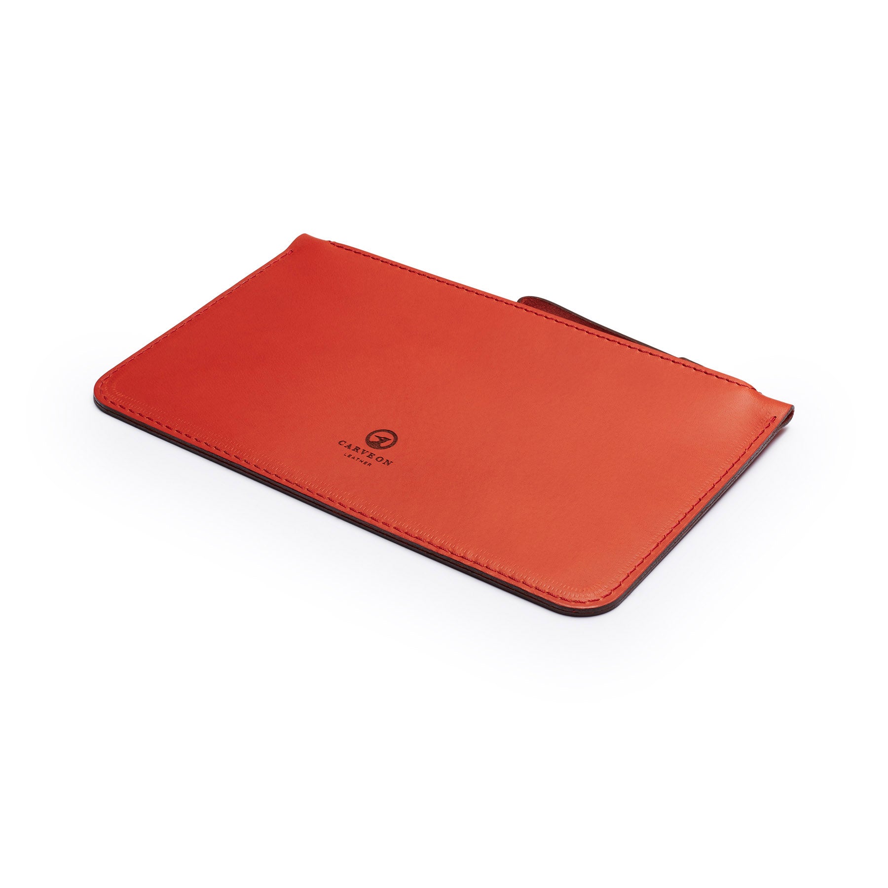 Red full-grain leather zip pouch, flat lay, angled view — personalised — CarveOn, made in Ireland#Color_Red