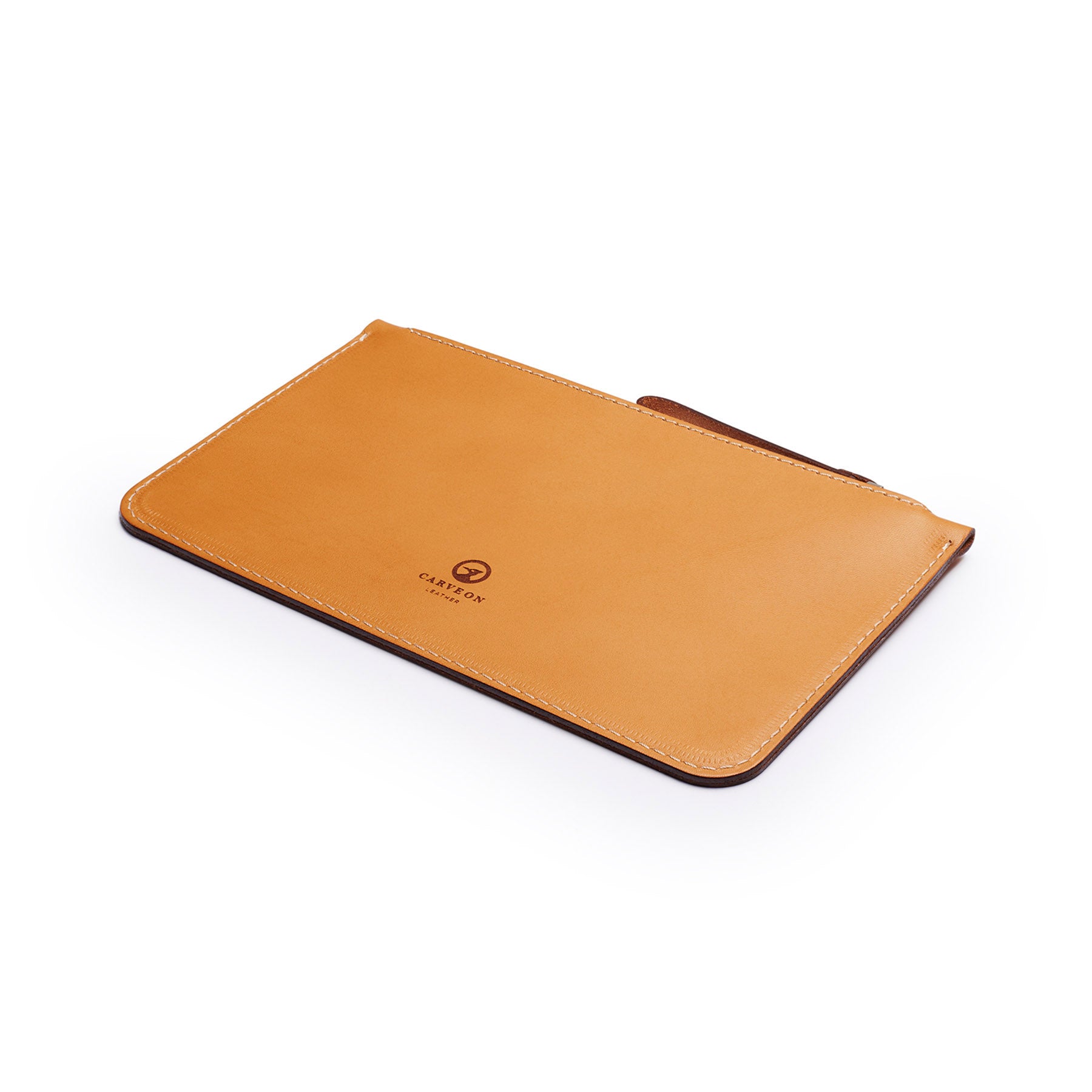 Tan full-grain leather zip pouch, flat lay, angled view — personalised — CarveOn, made in Ireland#Color_Tan